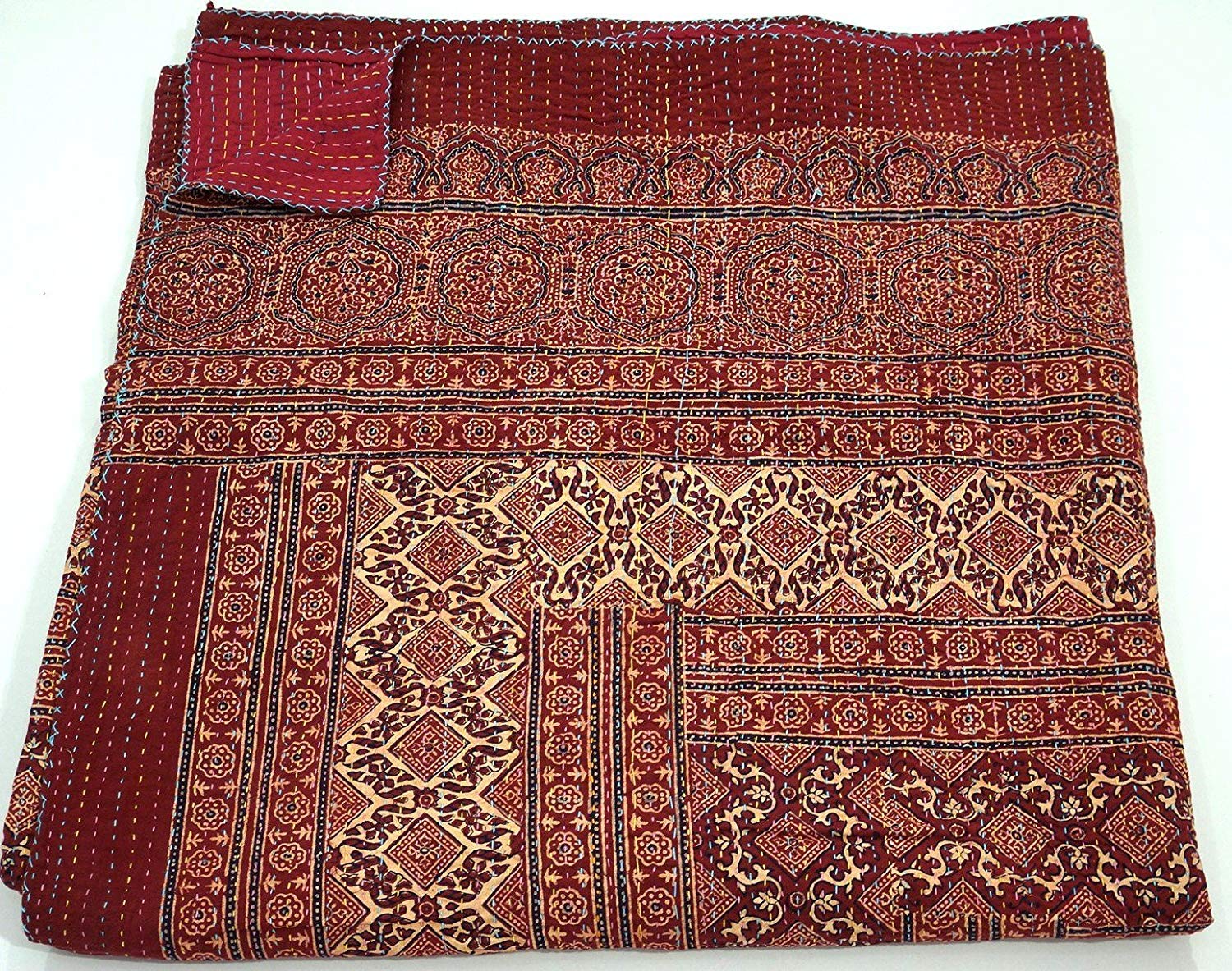 Couvre-lit indien Kantha authentique en coton fait main Ajrakh