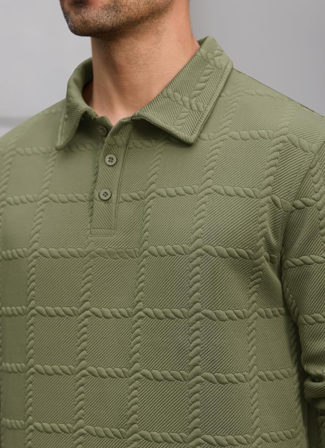 Men's Textured Polo Shirt Cable Knit Long Sleeve Button Down Pullover (S-XXL) - Image 5