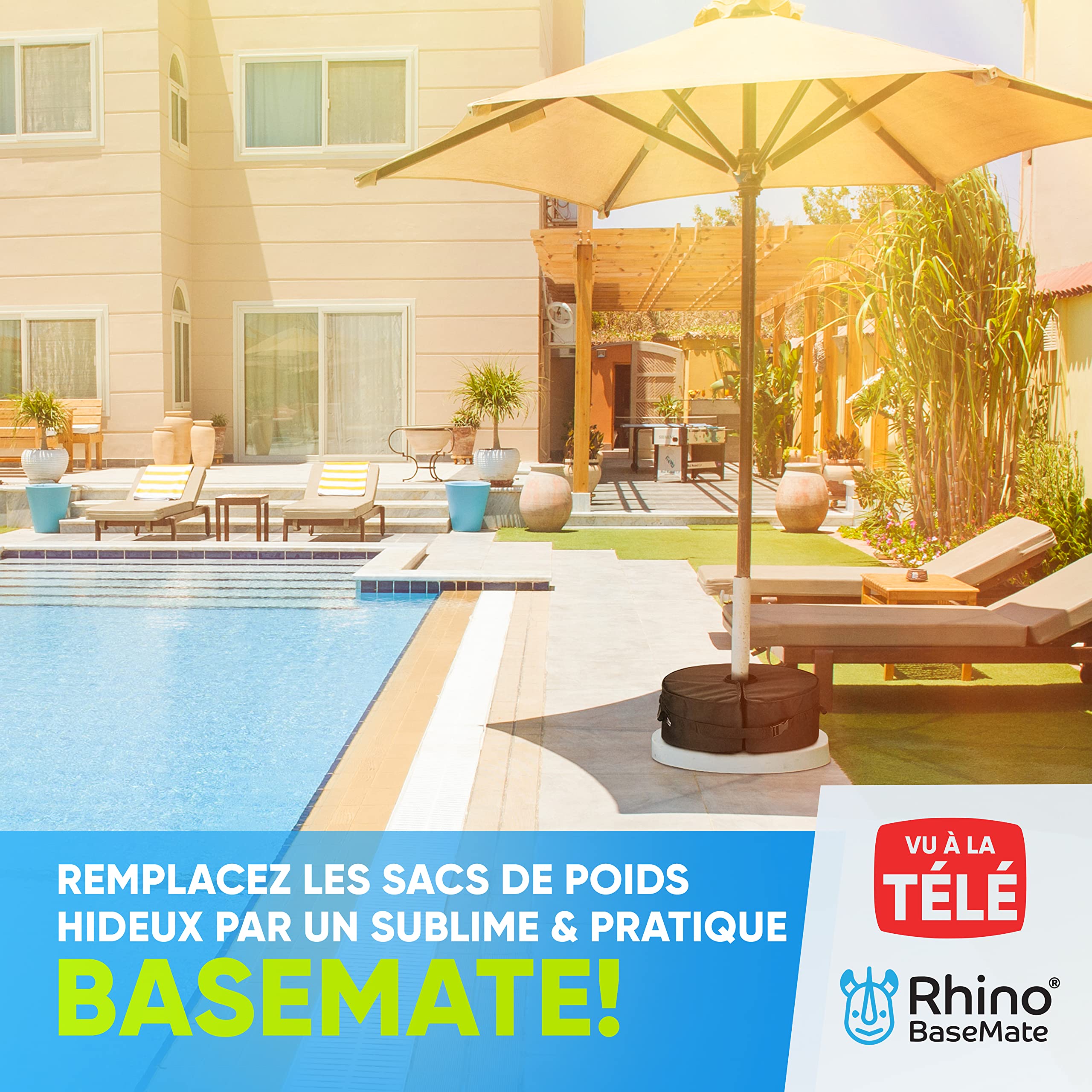 Rhino Base de parasol ronde avec ouverture latérale, 45,7 cm ~ S'adapte à tout support de parasol déporté et tout support de parasol d'extérieur ~ Facile à installer (Noir)