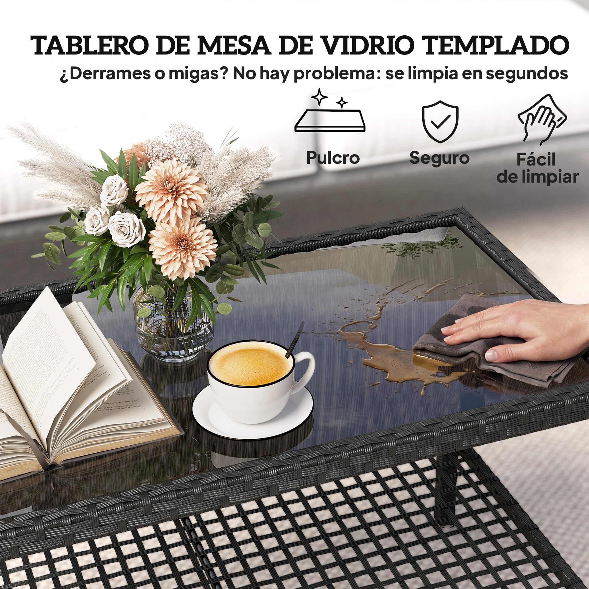 Outsunny Mesa de Jardín de Ratán, Mesita Auxiliar con Estante, Tablero de Vidrio Templado, Estructura de Acero, para Terraza, Patio, Balcón, 92x50x45 cm, Negro