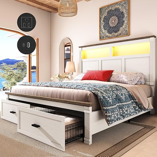 Farmhouse 53" Tall King Bed Frame, Headboard& 2 Storage Drawers,Rust White