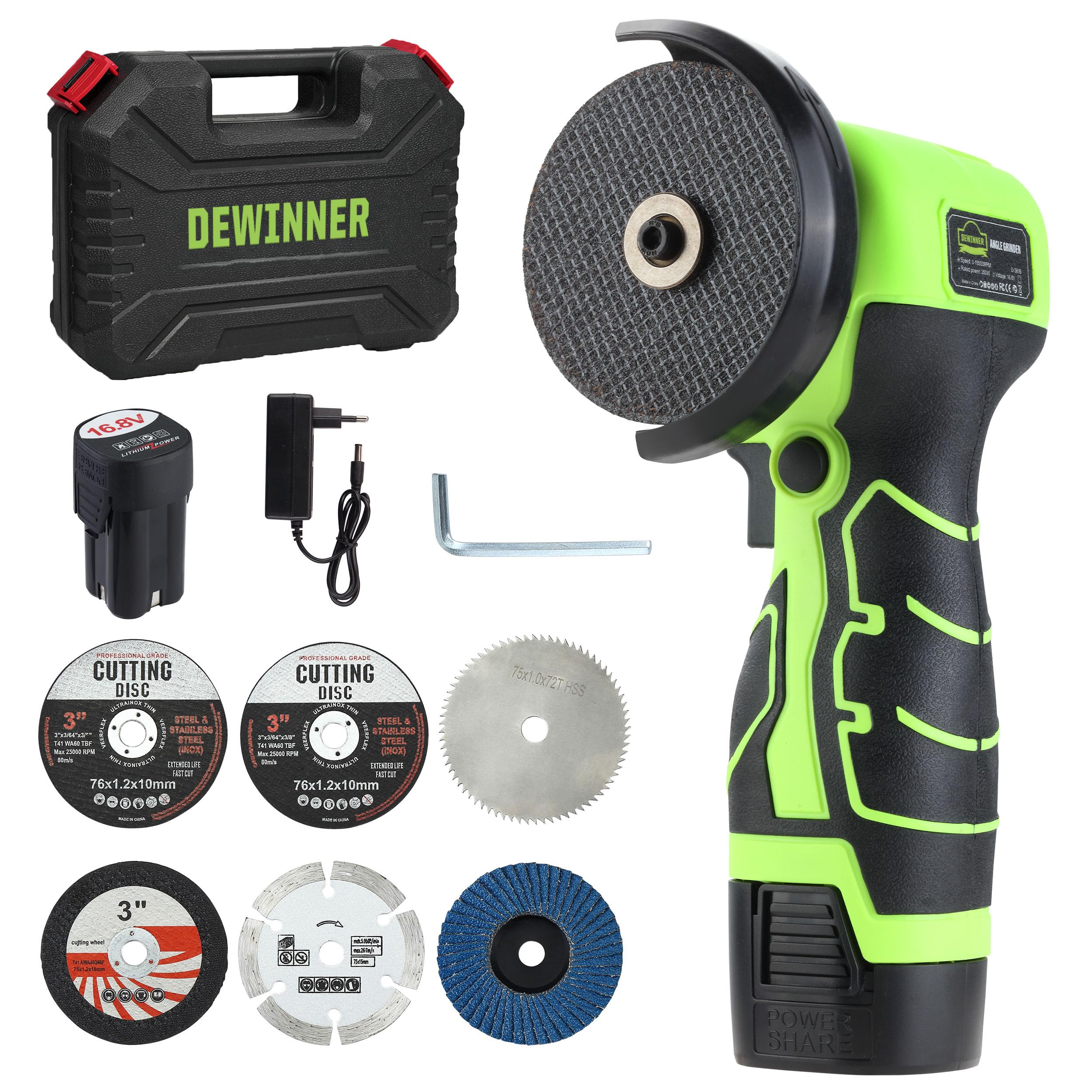 DEWINNER Smerigliatrice Angolare Senza Fili 19 500 RPM - Fresatrice 76mm, 2 Batterie 2000mAh, 6 Dischi di Taglio e Valigetta di Trasporto - Per Molatura, Lucidatura, Taglio
