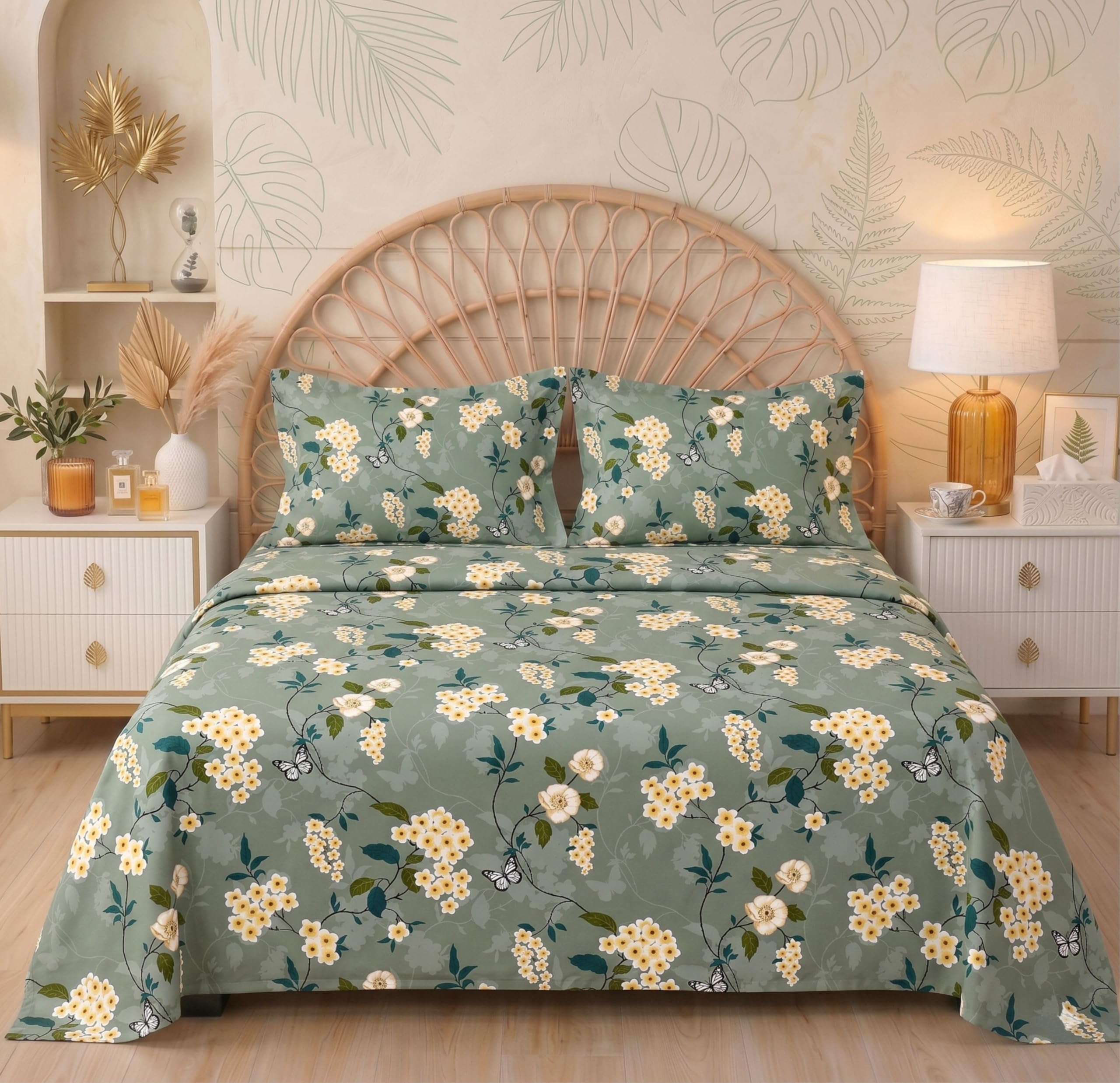 VAS COLLECTIONS Floral Printed King Size Cotton Bedsheet with 2 Pillow Covers | Luxury Double Bed Bedding Set 86x88 Inches | Ultra Soft, Breathable & Wrinkle Resistant (Pastel Eucalyptus)