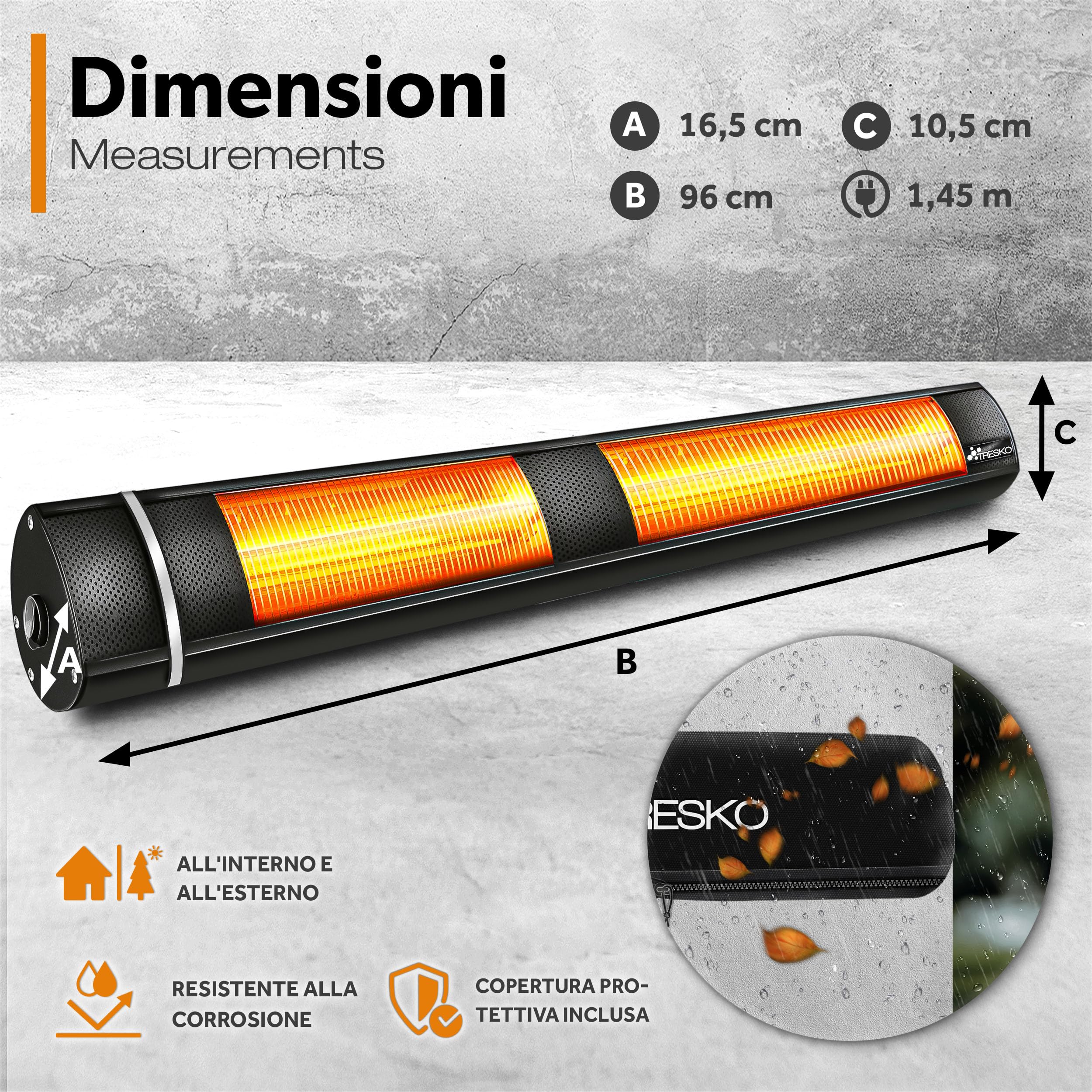TRESKO Stufa a Infrarossi 3000W Telecomando Riscaldatore Elettrico Patio 3 Livelli Calore Riscaldatore Quarzo Nero