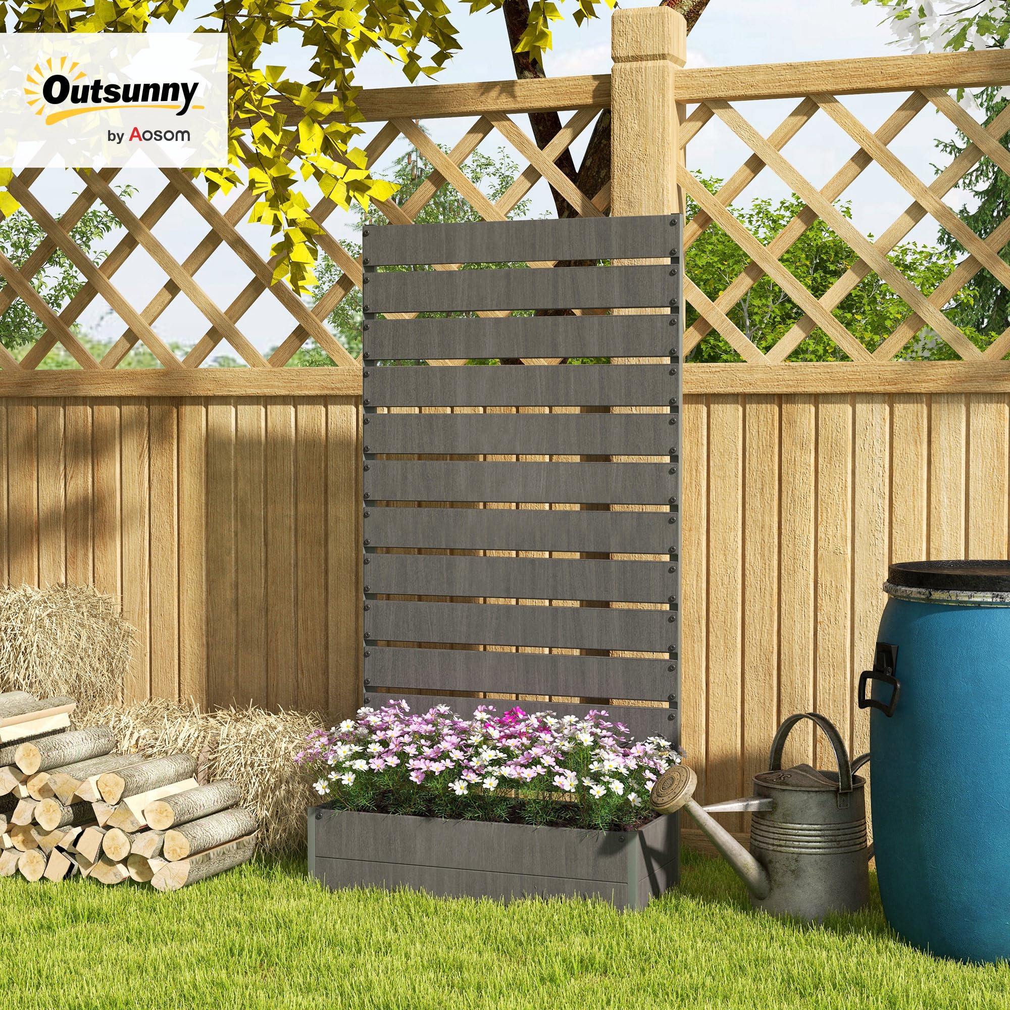 Outsunny Jardinière de jardin avec treillis pour plantes grimpantes, vignes, fleurs, plate-bande surélevée autoportante pour jardin, extérieur, terrasse, jardinière avec espace de drainage, gris foncé