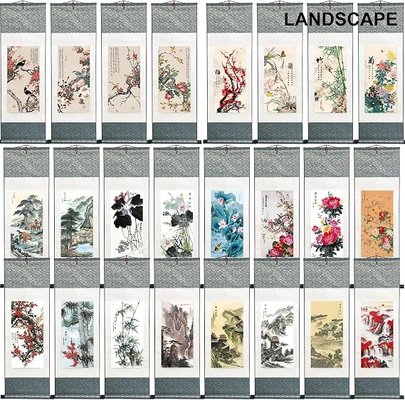 Ziosxin Chinese Art Brush Landscape Ink Painting - Asian Tapestry Silk Scroll Wall Hanging Decor With Flower and Bird (Plum Blossom, 39 x 12/100 x 30cm)