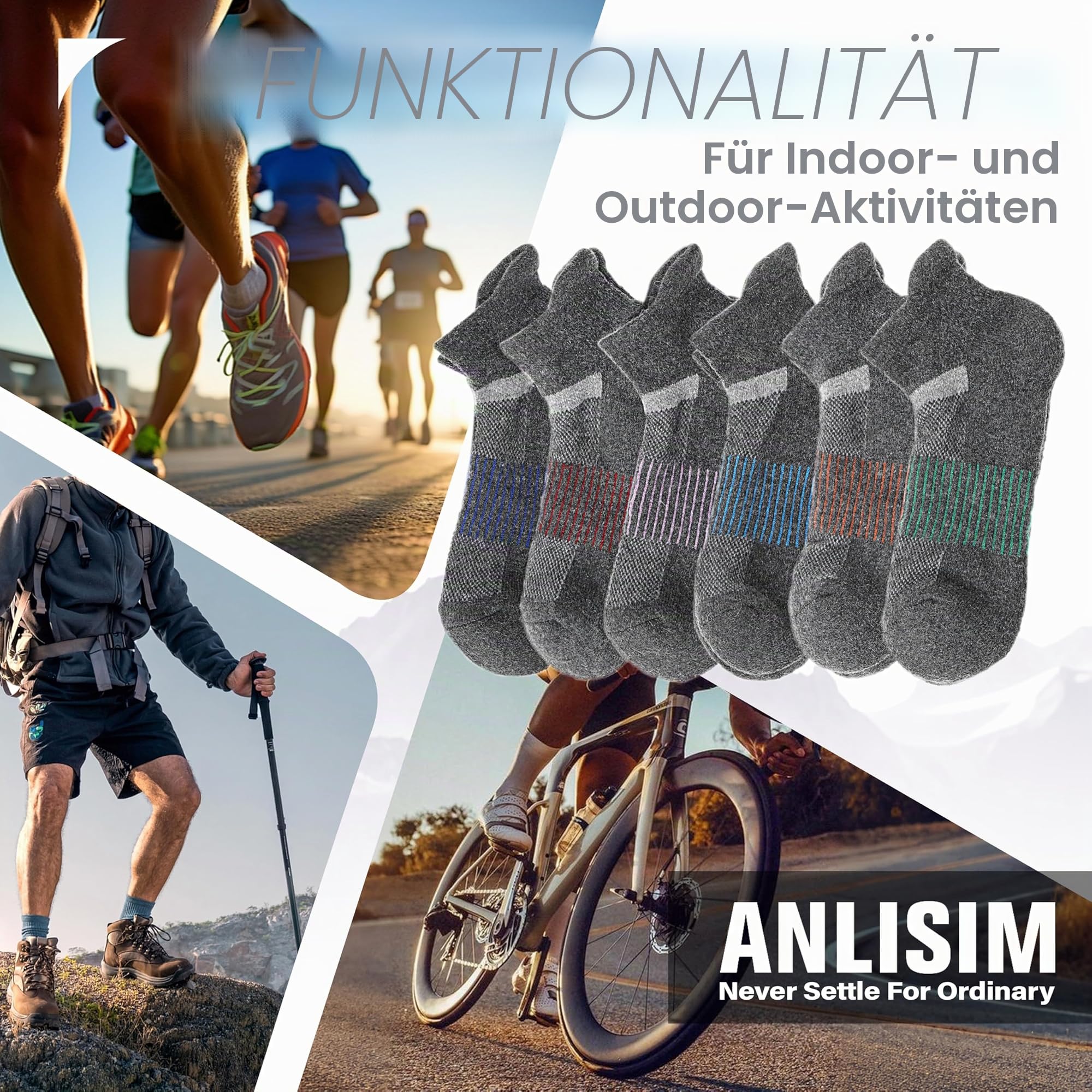 Anlisim Merino Wandersocken Kurz Sneaker Socken, Dicke Wollsocken, Warme Wolle Laufsocken, Kompressions Sportsocken Thermosocken Geschenke Wintersocken für Herren Damen, 6 Paar (Grau,M)