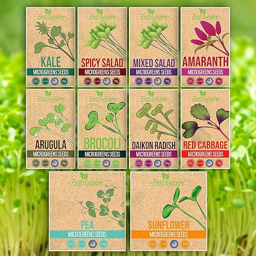 Paquete variado de 10 semillas germinantes brócoli, girasol, guisante, mezcla de ensalada, rábano Daikon, col rizada, amaranto, ensalada picante,
