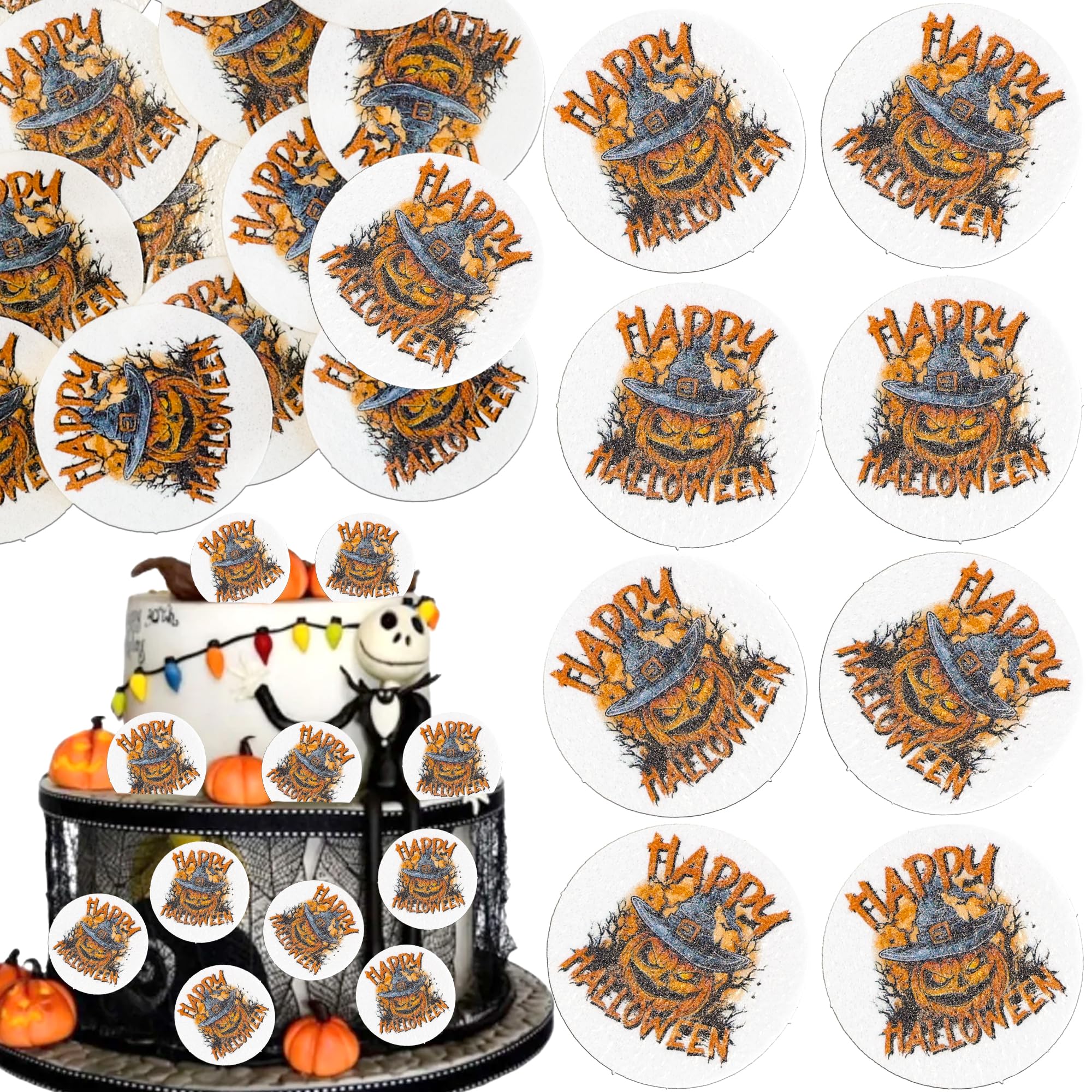 Ephlyn 54Pcs Edible Halloween Cupcake Toppers Wafer Paper Trick or Treat Cake Toppers Spooky Season Cupcake Picks for Halloween Eve Theme Party Birthday Decor Supplies Orange White