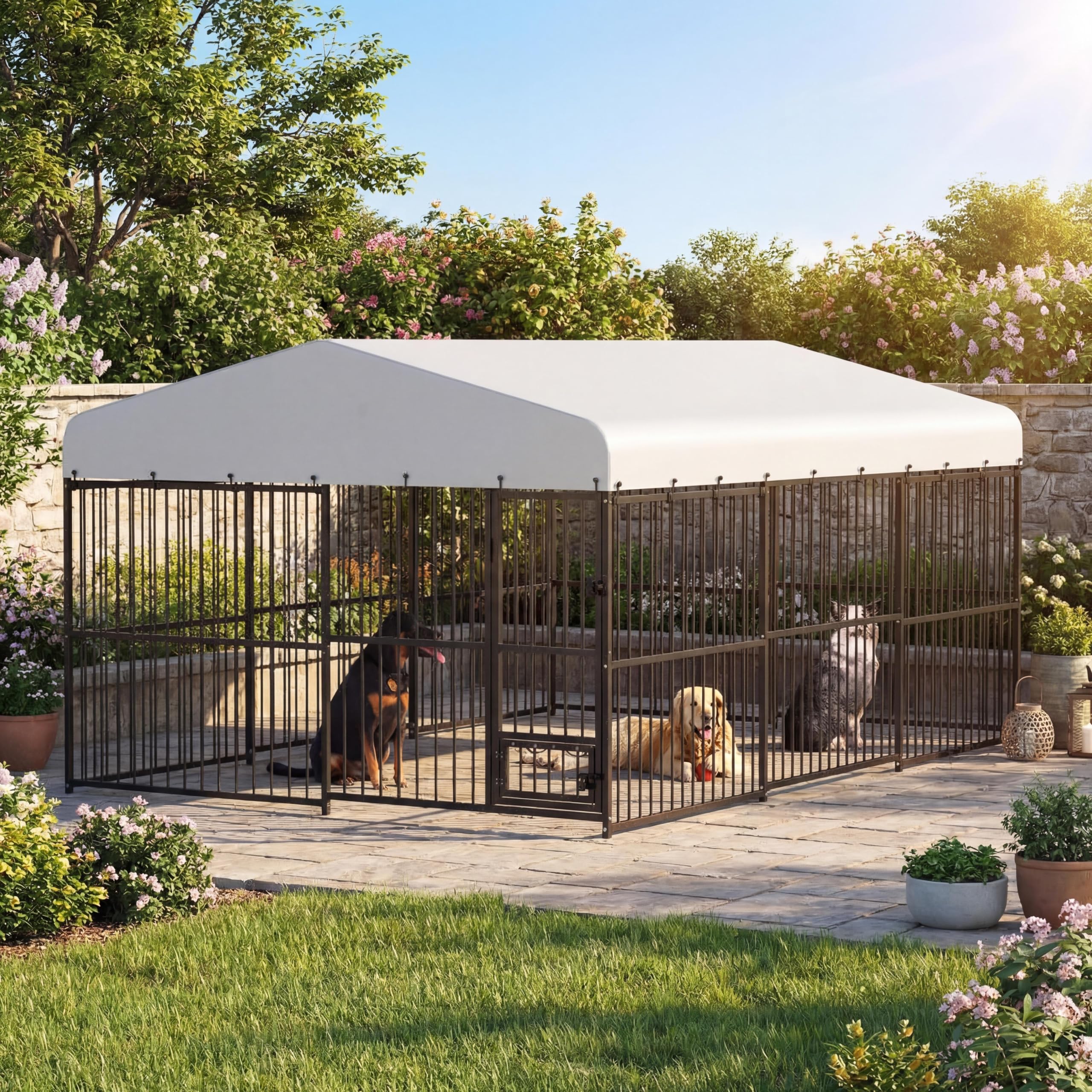 View 1 of 10x15 FT Large Outdoor Dog Kennel with Waterproof Roof, Heavy Duty Galvanized Metal Dog Run with Secure Lockable Door & Feeding Bowls, Spacious Pet Enclosure for Backyard, Garden, Park