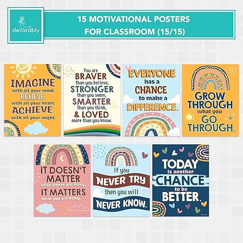 Miniatura 4 de Decorably 15 pósteres motivacionales de arcoíris bohemio para aula, 11 x 14 pulgadas, laminado mate, póster bohemio para aula, tablón de anuncios,