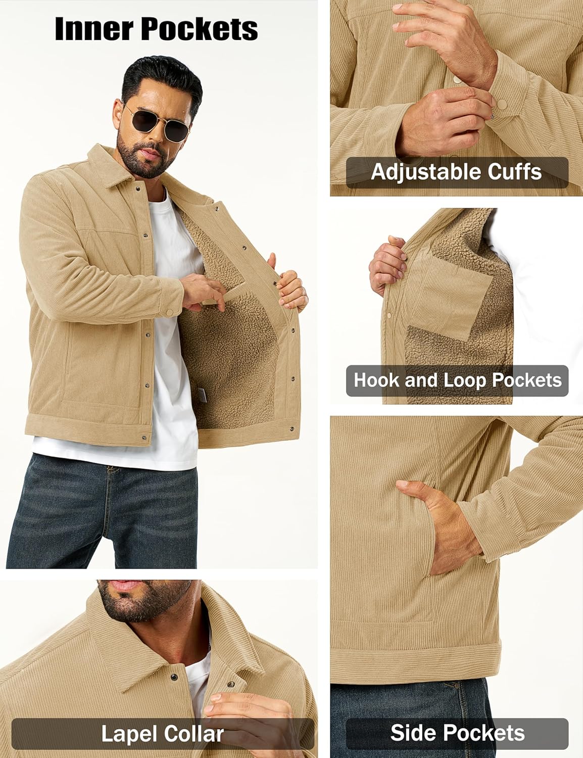 TACVASEN Men's Winter Jacket Corduroy Warm Fleece Sherpa Lined Jacket Casual Lapel Work Trucker Coat with Multi Pockets