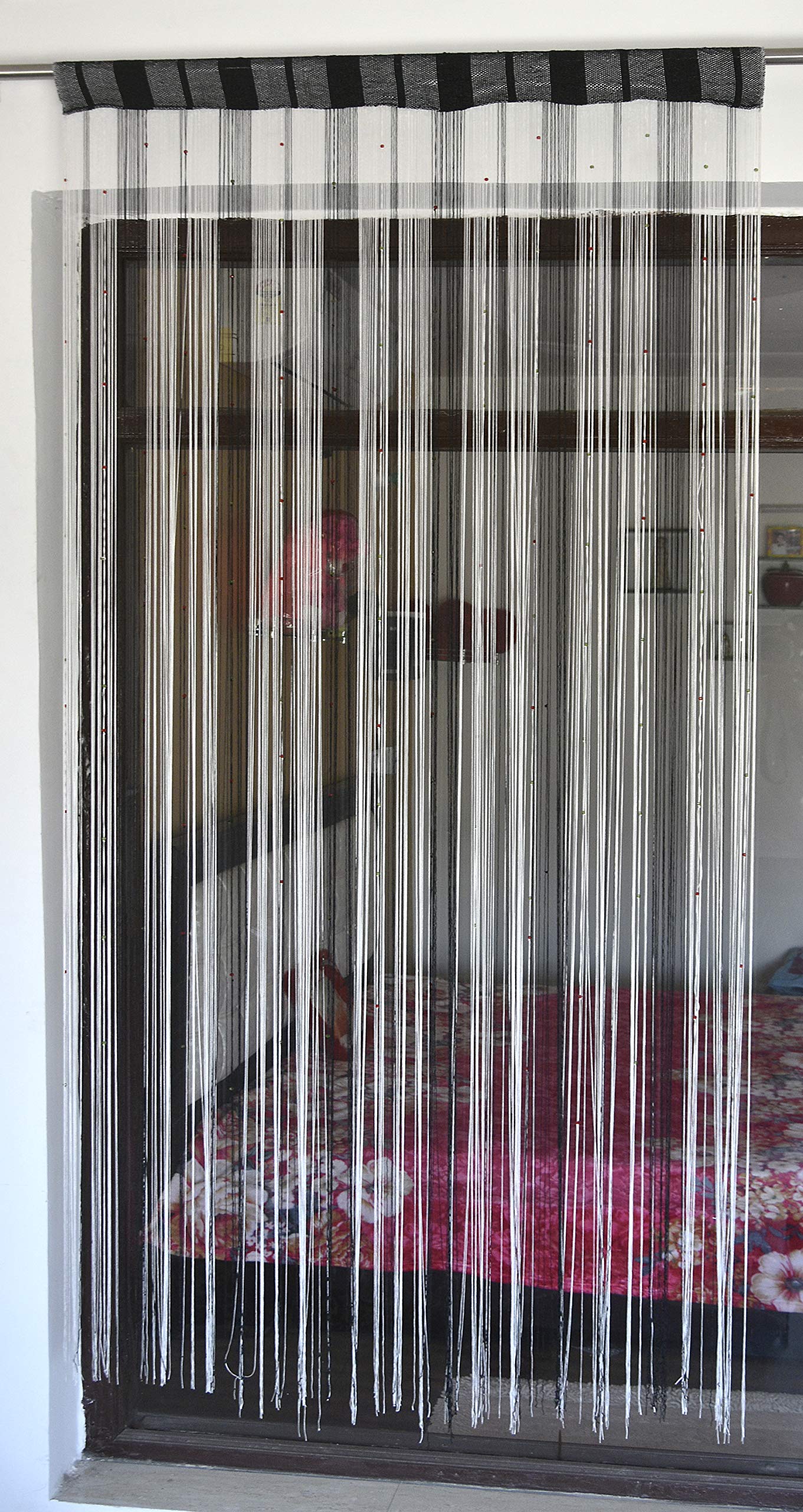 Home DesiricaMade in India Polyester Blend Double Colour/String Door Curtain/Dori Curtain/Thread Curtain (Color Black-White) Set of 2 Pc Size 7 Ft