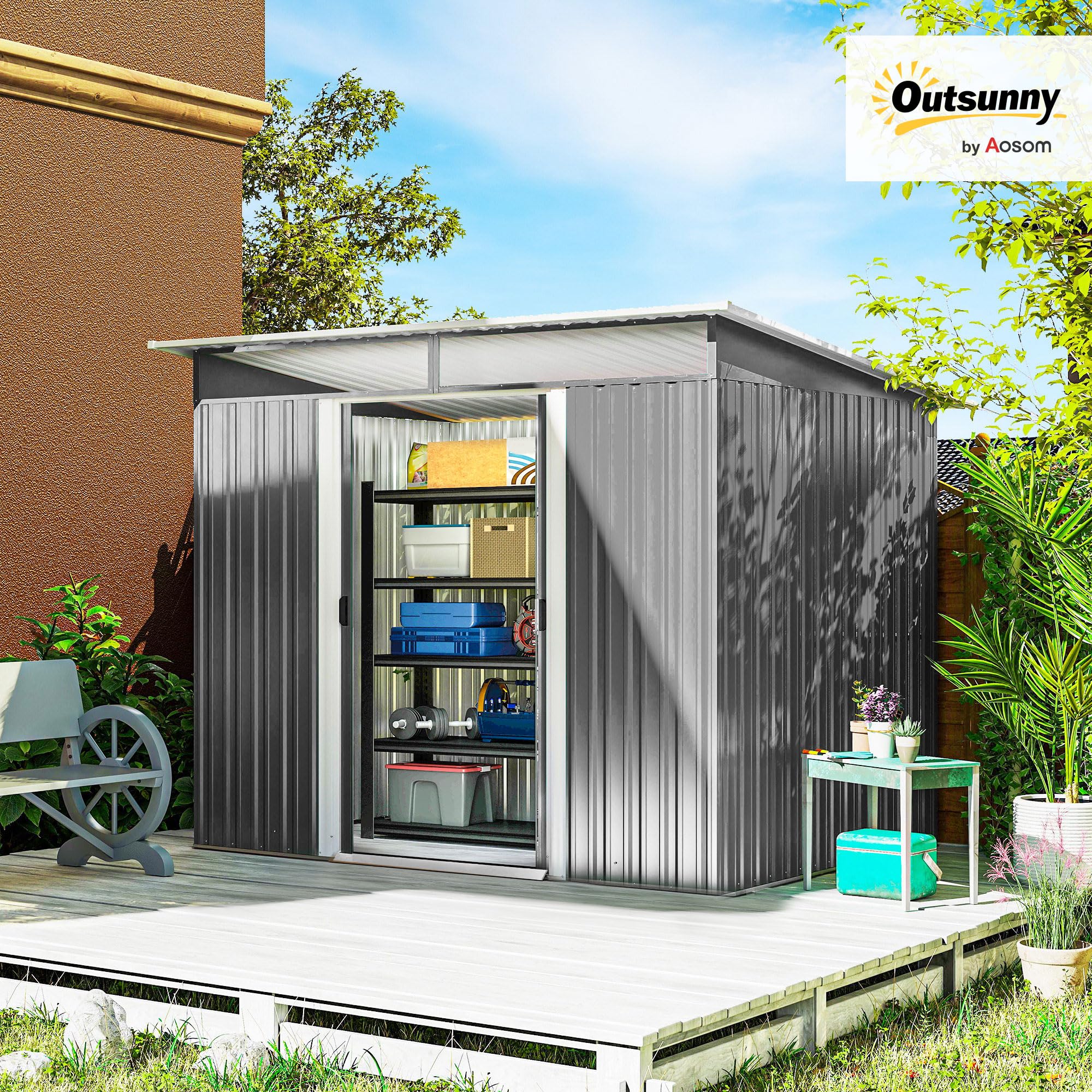 Outsunny Cobertizo de Jardín Exterior Metálica 4,5 m² 260x194x200cm Gris | Caseta de Jardín Exterior, Paneles Frontales Transparentes, 2 Puertas Corredizas, Almacenamiento de Herramientas