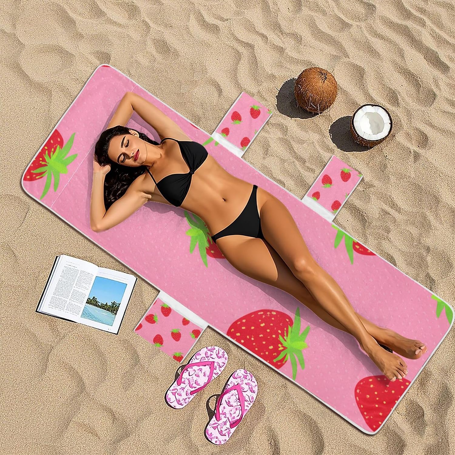 Red Strawberries Print Pink Chaise Lounge Covers Chair Towel Beach Chair Towel with Fitted Top Pocket Lawn Beach Lounger 85" x 30"