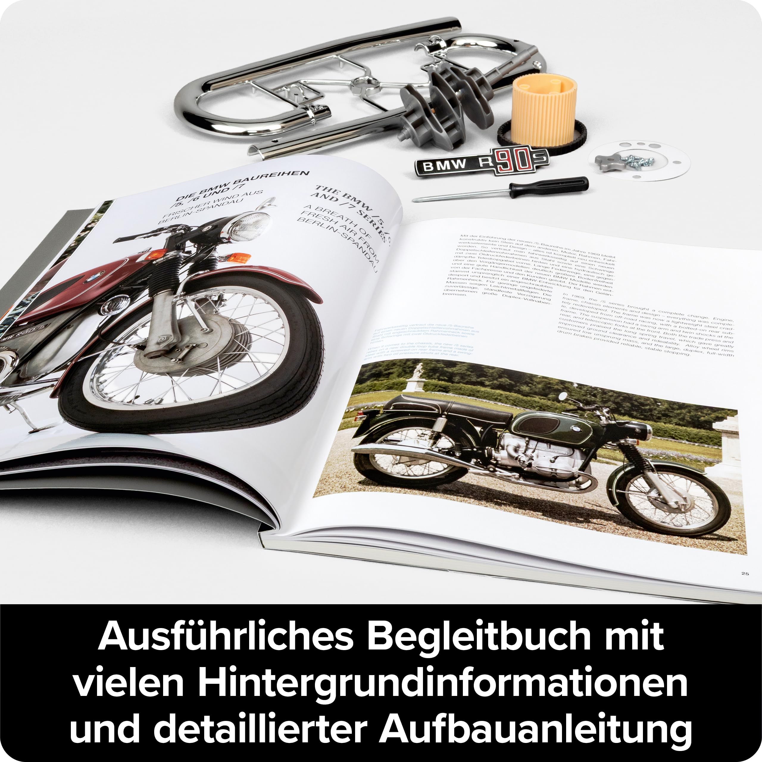 Franzis BME019 67009 0 BMW R 90 S Boxermotor originalgetreues Modell, Bausatz mit schaltbarem 5 Gang Getriebe, über 200 Teile und Begleitbuch, bunt