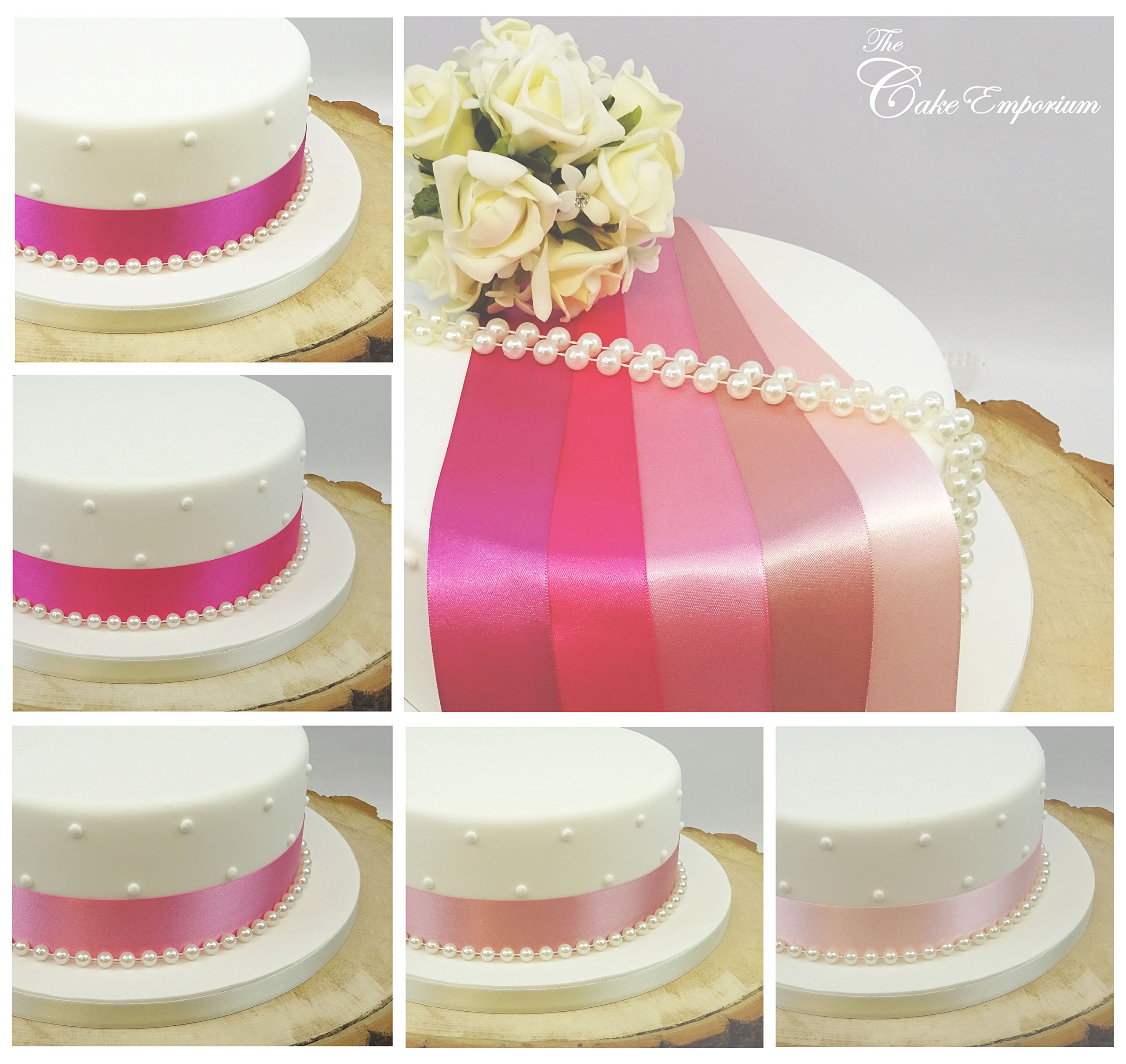 The Cake Emporium Ltd Dusky Pink Satin Ribbon 35Mm & 8Mm Pearls Cake Decoration Birthday Wedding Cake Topper Trim (Dusky Pink) 1 Metre