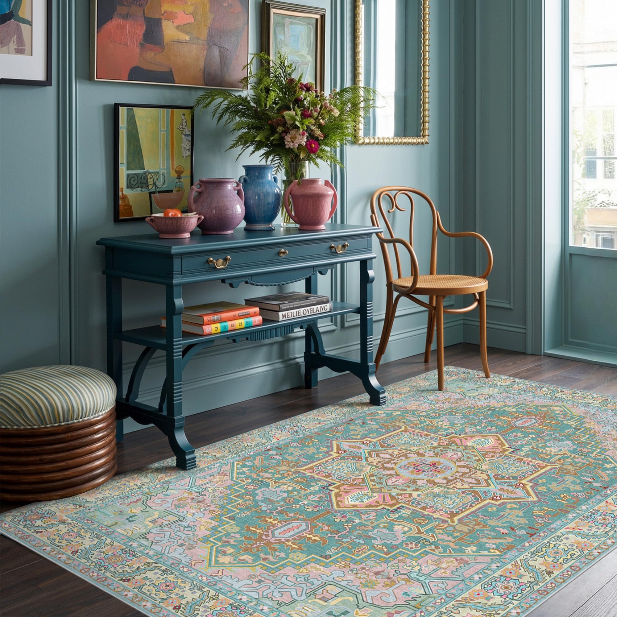 Kokia 4x6 Turquoise Fresh Teal Vintage Boho Oriental Soft Washable Area Rug
