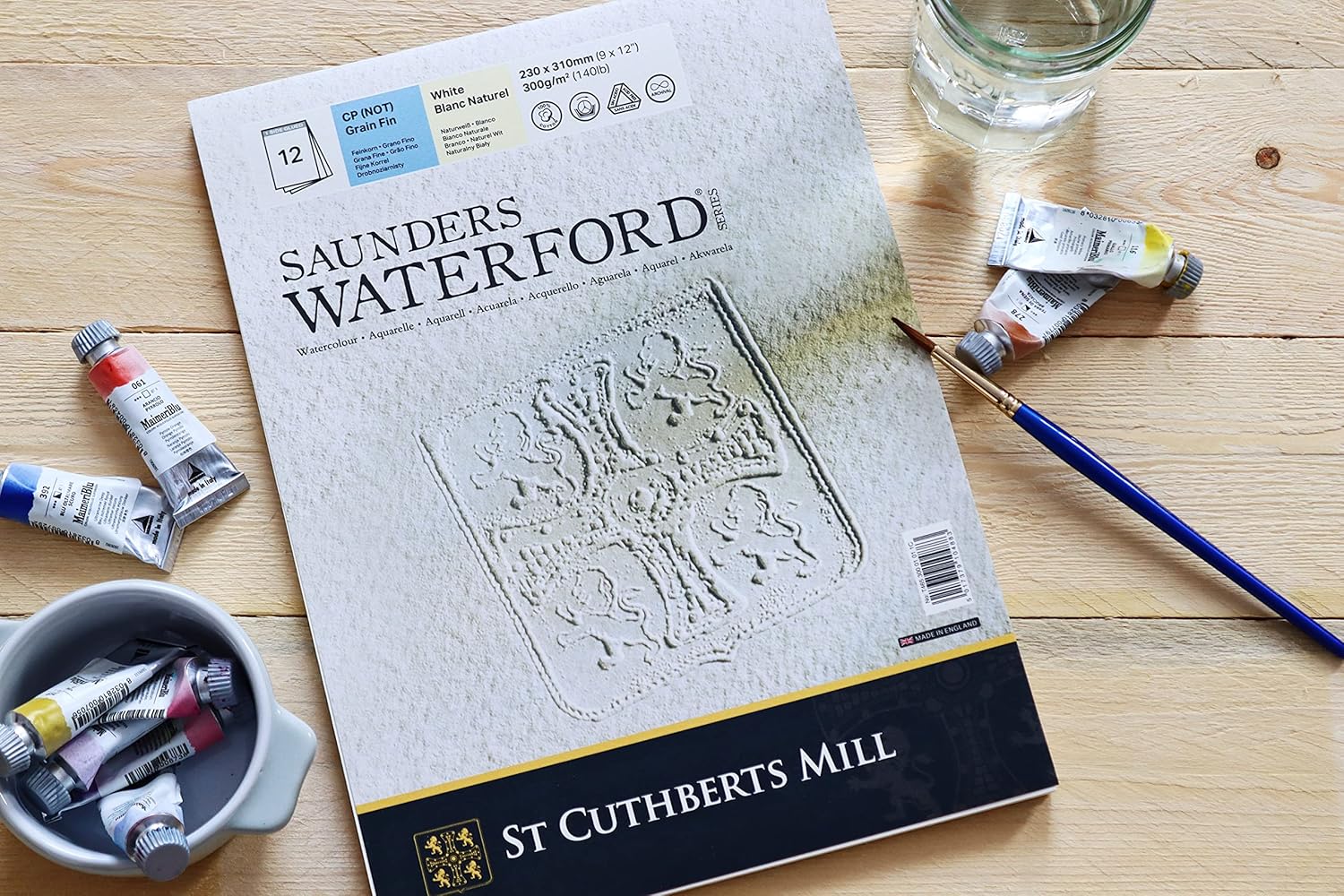 St Cuthberts Mill Saunders Waterford Series Watercolour Paper, 300 g/m², Fine Grain, Watercolour Pad, 23 x 31 cm, Glued on One Side, 12 Sheets, Natural White