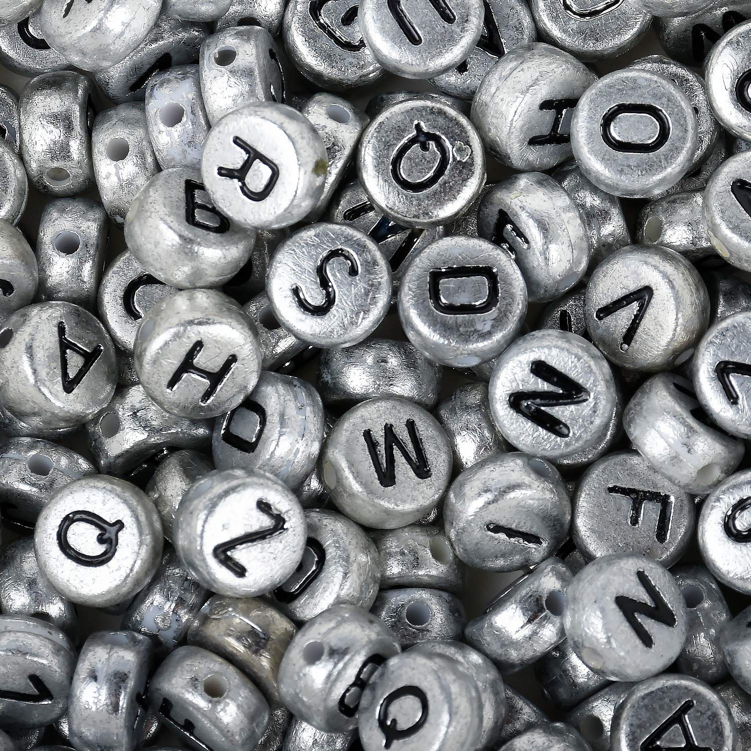 Silver with black letter beads, Alphabet Letter Beads, Acrylic Metallic Letters Beads, Round Acrylic Beads, ABC Letter Beads, Name Beads 7mm,W, 100pcs/lot