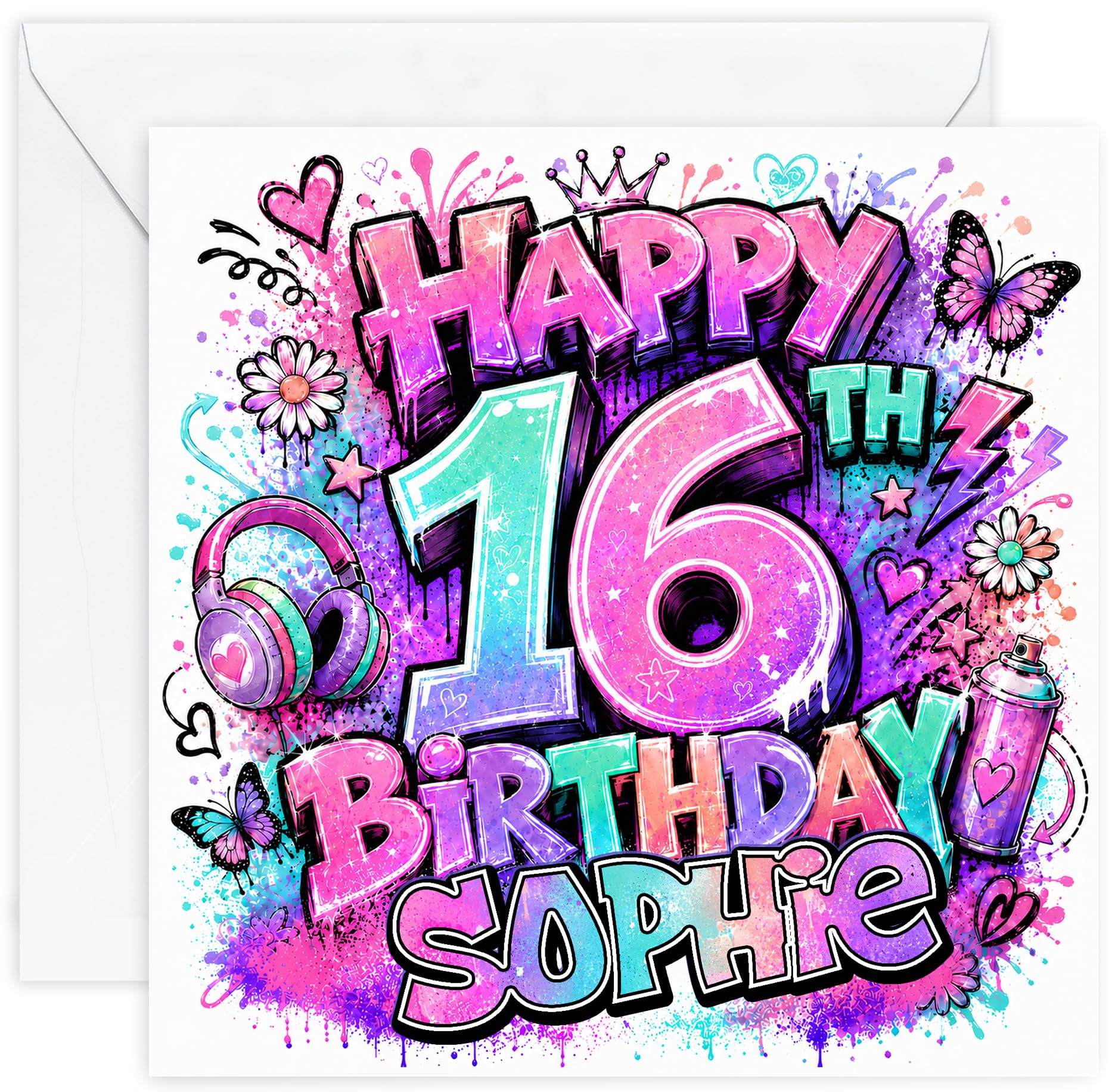 Personalised 16th Birthday Card for Girl | Graffiti Card with Name