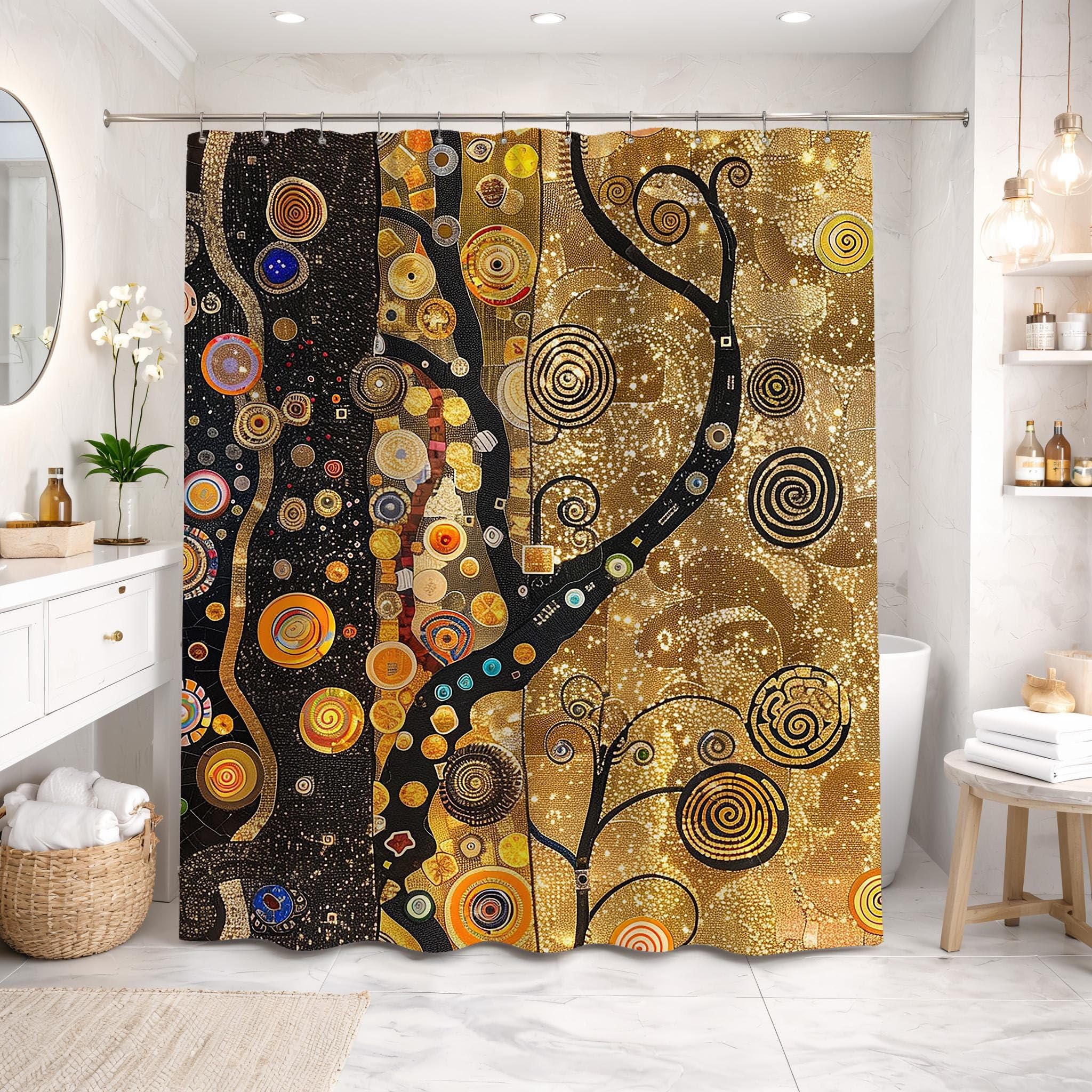 Klimt-inspirierter Duschvorhang mit goldenen Baumspiralen, Badezimmervorhang/Badewannendekoration mit Haken (230 x 175 cm / 91 x 69 Zoll (B x H))