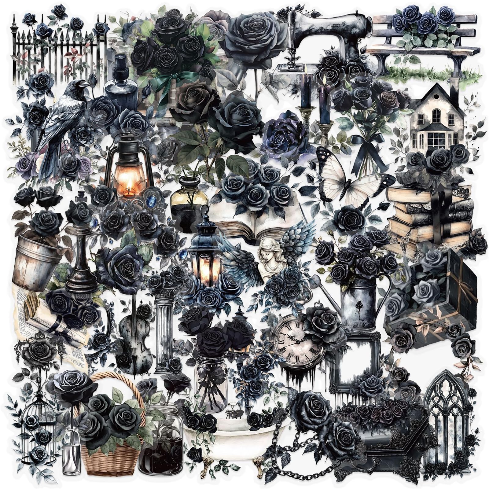 50pcs Transparent Black Love Stickers,Vintage Dark Rose Sticker Waterproof PET Sticker for Scrapbook Journaling Photo Album Collage Card Heart