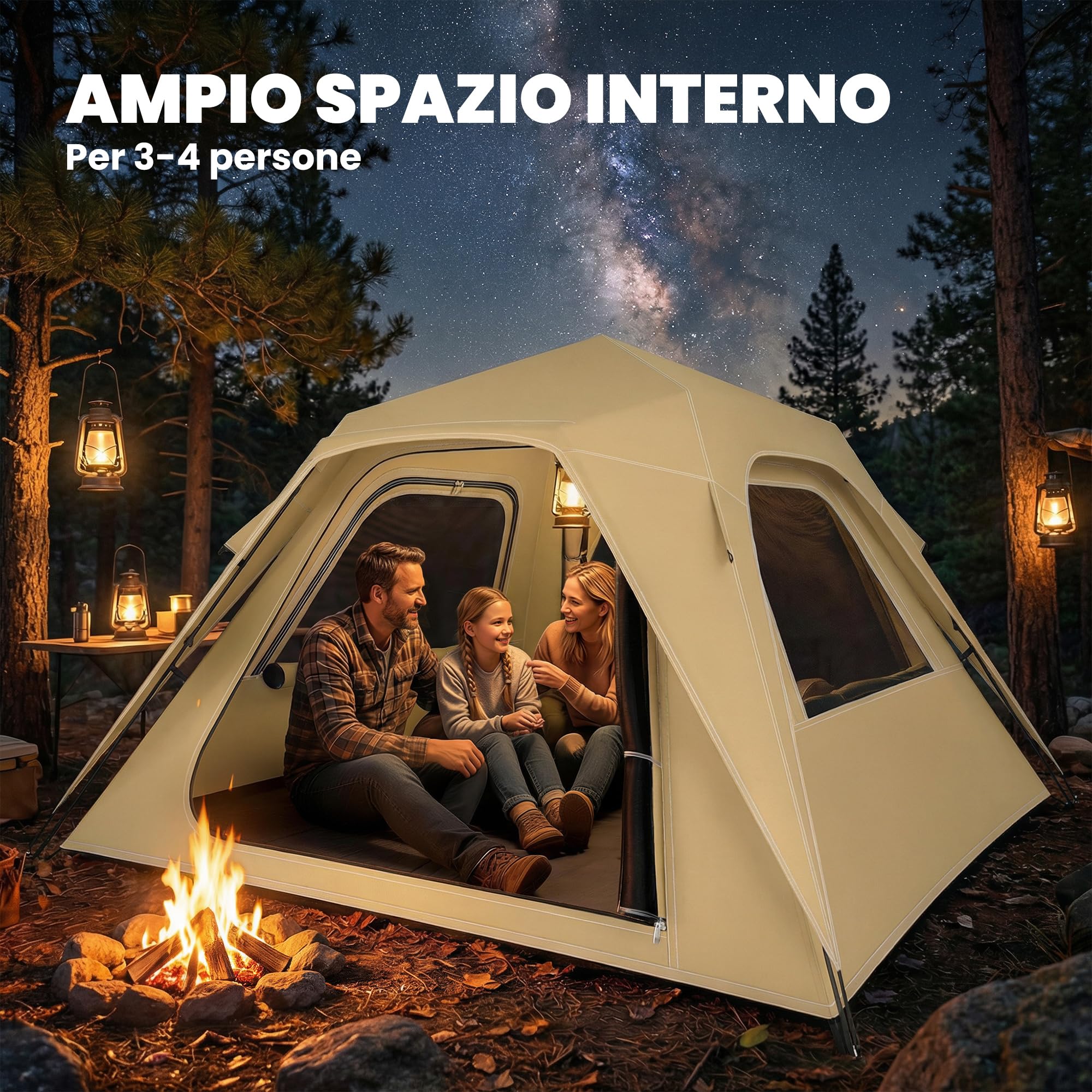 Outsunny Tenda Pop-Up per 2-3 Persone, Tenda da Campeggio Istantanea con Finestre in Rete e Borsa per il Trasporto, Impermeabile 3000mm e Protezione UPF50+, Cachi