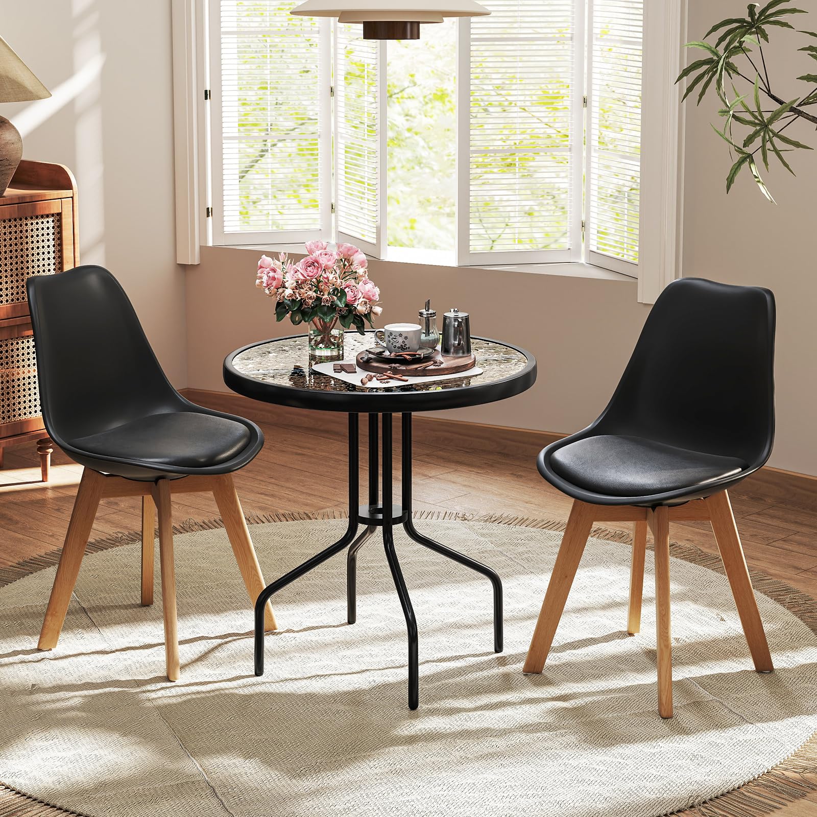 KOMFOTTEU Mesa de Jardín de Vidrio Templado con Agujero para Sombrilla 4 cm | Mesa de Comedor Redonda con Marco de Metal, para Balcón, Terraza, Diámetro 70 cm