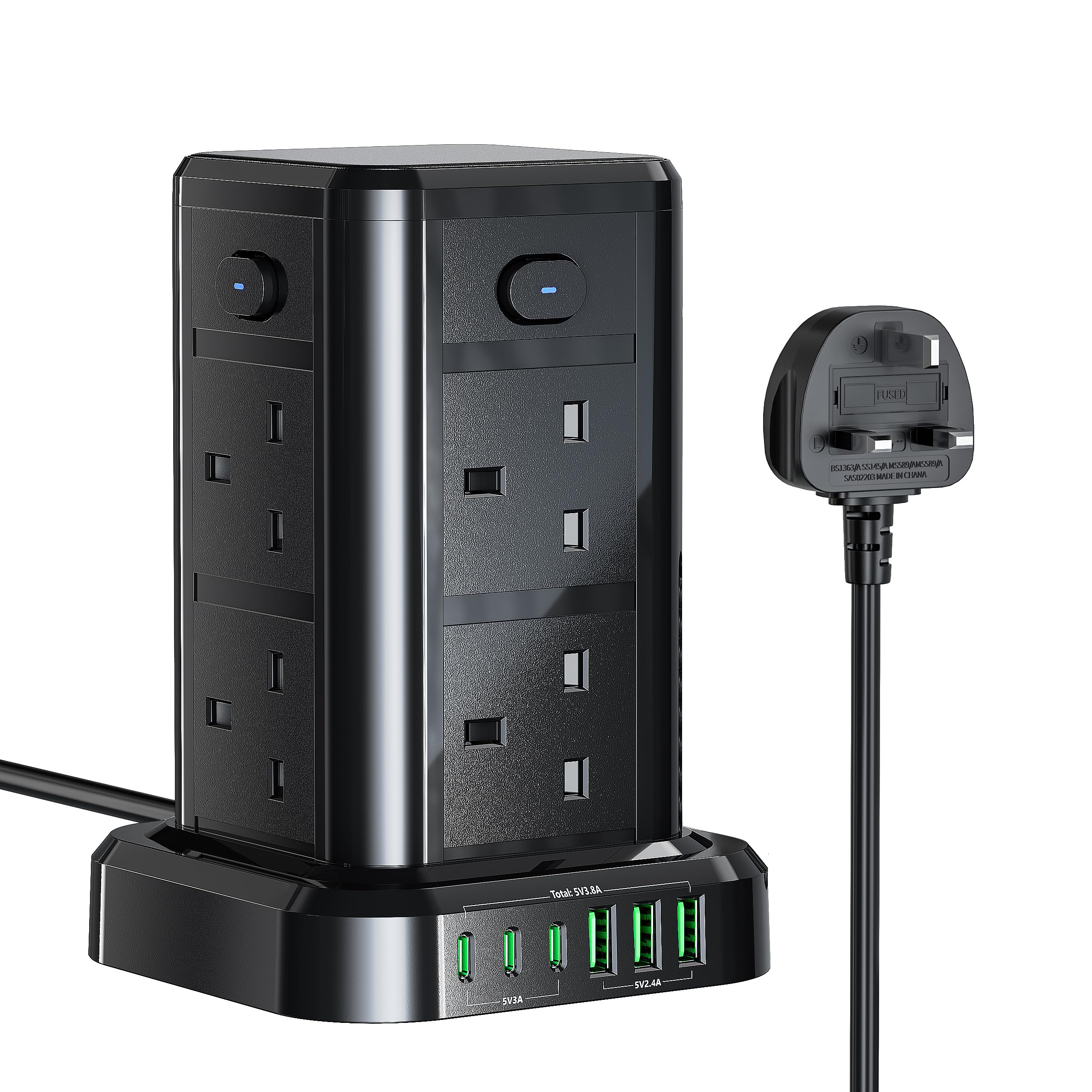 Tower Extension Lead with USB C Slots, 8 Way Multi Plug Extension Tower with 6 USB Ports, 13A 3250W Extension Cable with 4 Independent Control Switch, 1.8M Power Strip Tower for Home, Office, Kitchen