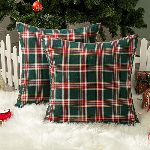 AQOTHES juego de 2fundas de almohada decorativas a cuadros de Navidad para decoración rústica de casa, tartán escocés, de poliéster de algodón, 18 x