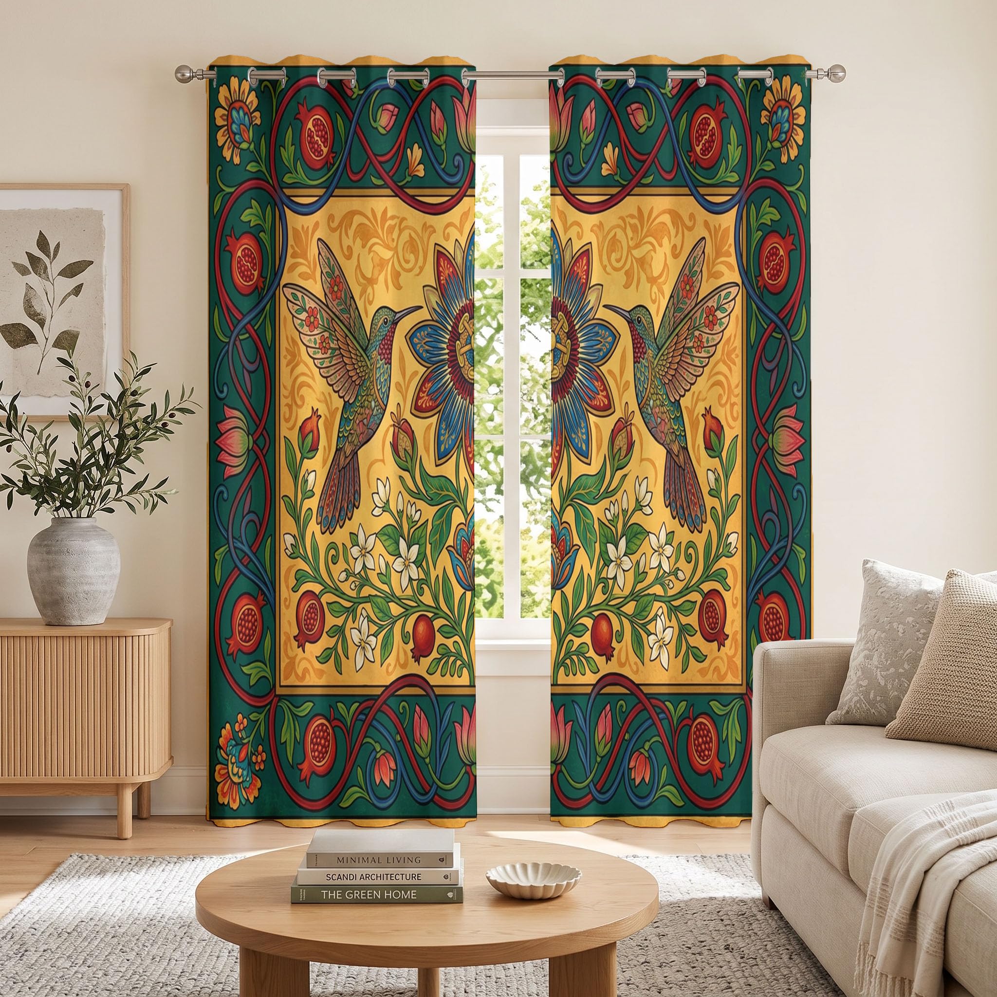 Vorhänge Kolibri Lotus Granatapfel, Verdunkelungsvorhang 2er Set - Retro-Ethno-Stil Vorhang Blickdicht, Thermovorhang Für Deko Wohnzimmer Schlafzimmer, Gardinen Mit ösen H 260 x B 140 cm
