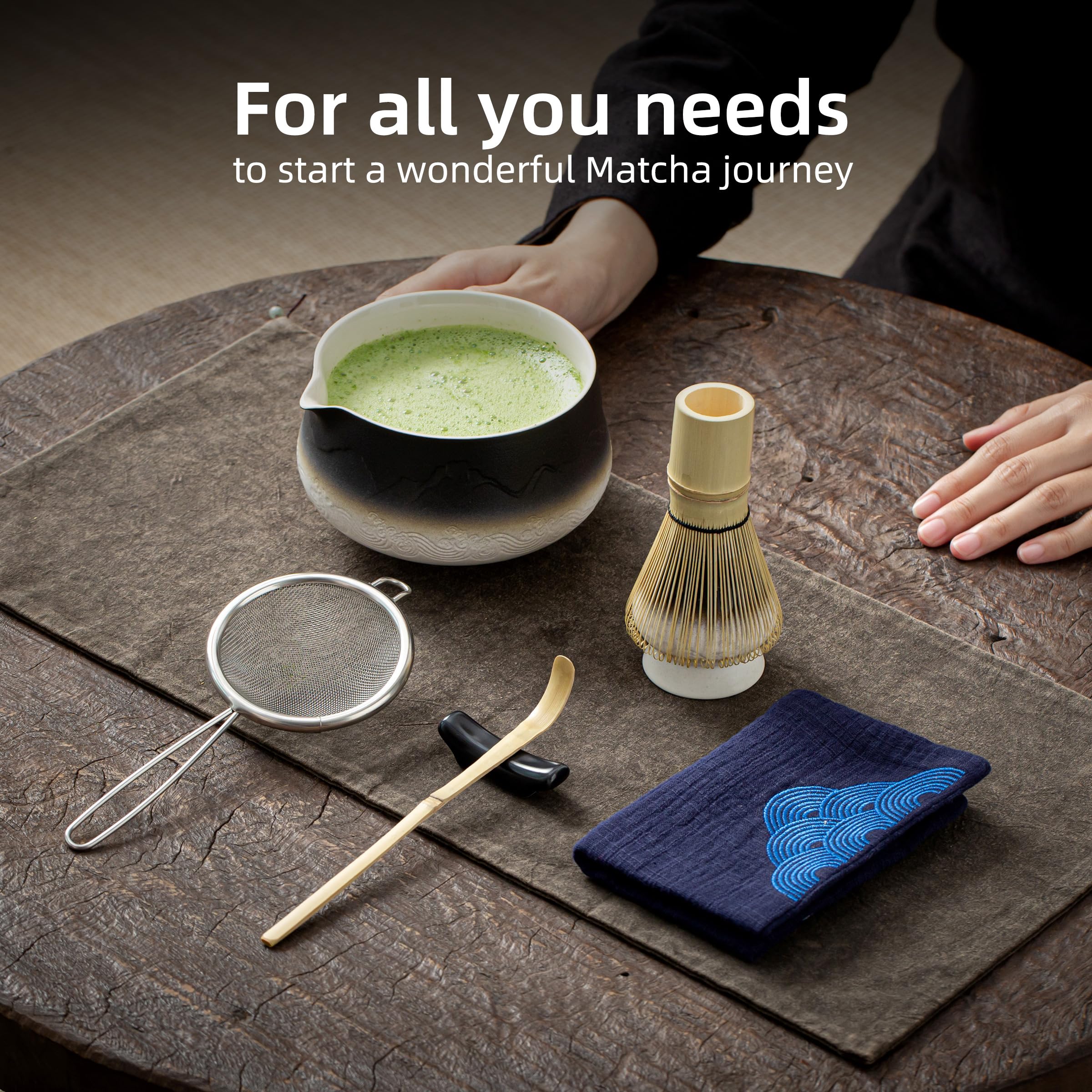 TEANAGOO giapponeseMatcha Whisk Set 7pc Ciotola con beccuccio Bamboo Chasen Scoop Chashaku Gradiente Bianco Nero