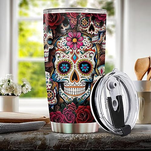 Miniatura 5 de Regalos de calavera de azúcar para mujeres, taza de café aislada de acero inoxidable de 20 onzas, taza de viaje, botella de agua con tapa, termo