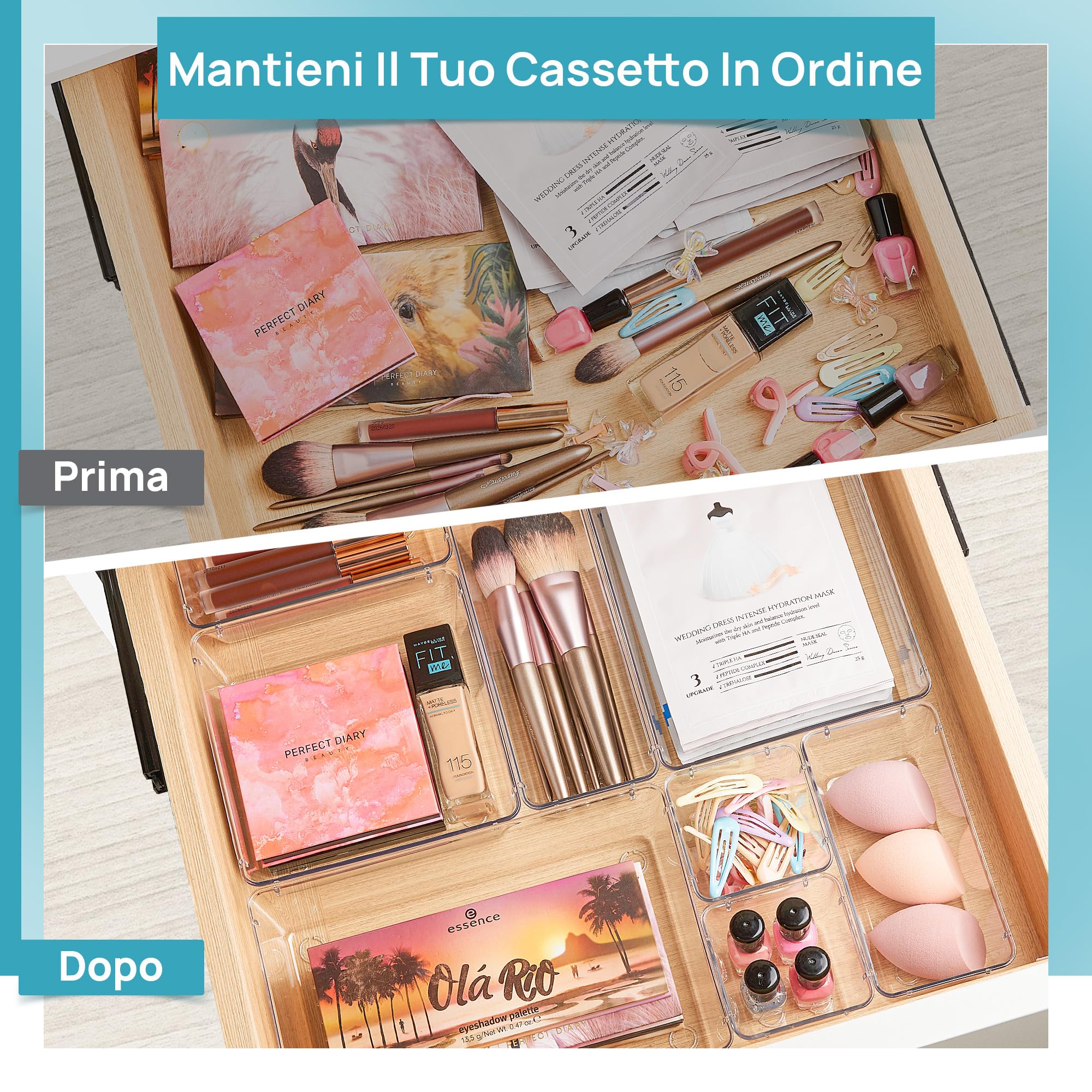 Vtopmart 15 Pezzi Sistema Organizer per cassetti ，4 Dimensioni Organizzatore Cassetti in Plastica Trasparente, Organizer Cassetti Bagno per Trucchi, Scrivania, Ufficio e Cucina