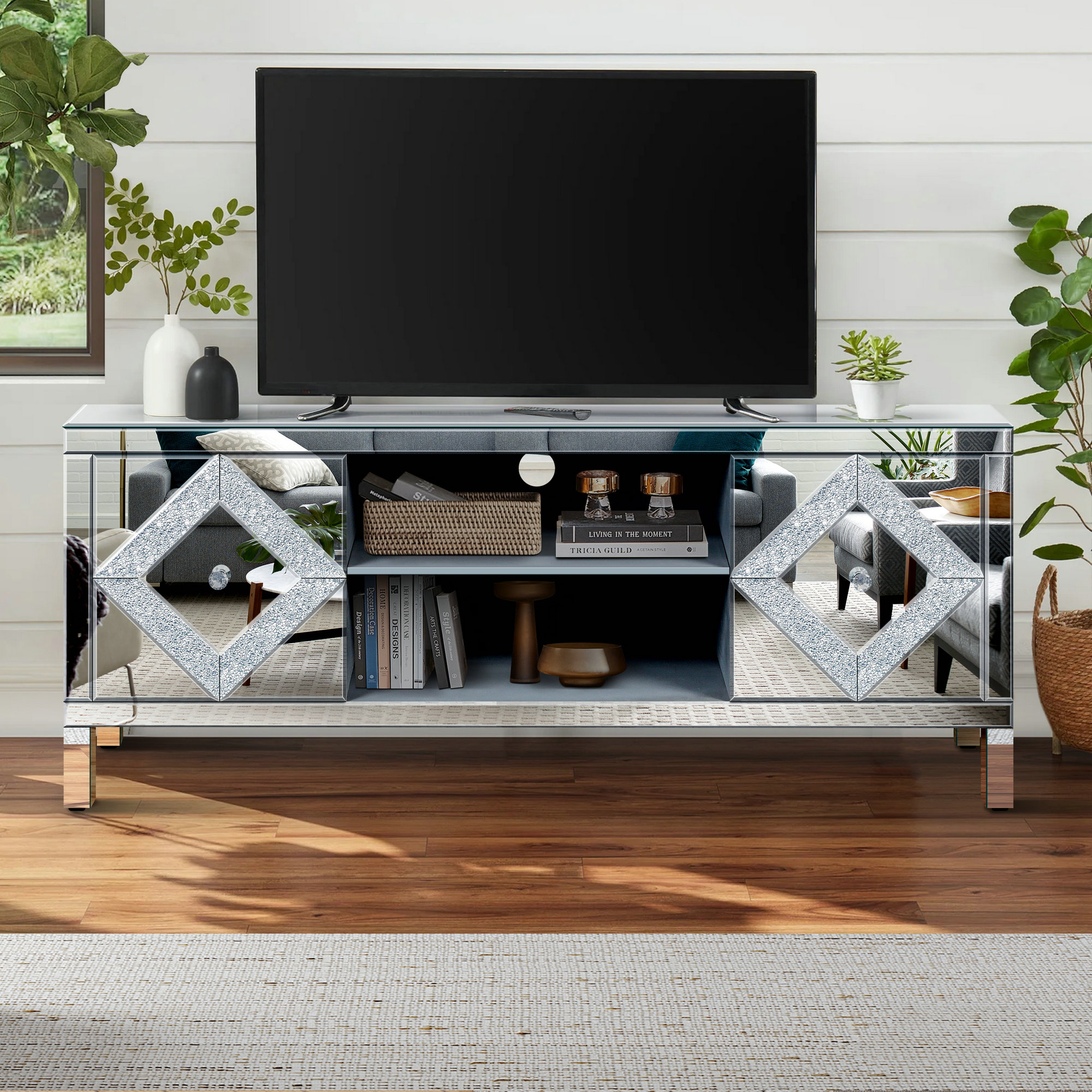 Amazon.com: RuiSiSi Mirrored TV Stand with Storage Cabinets, for
