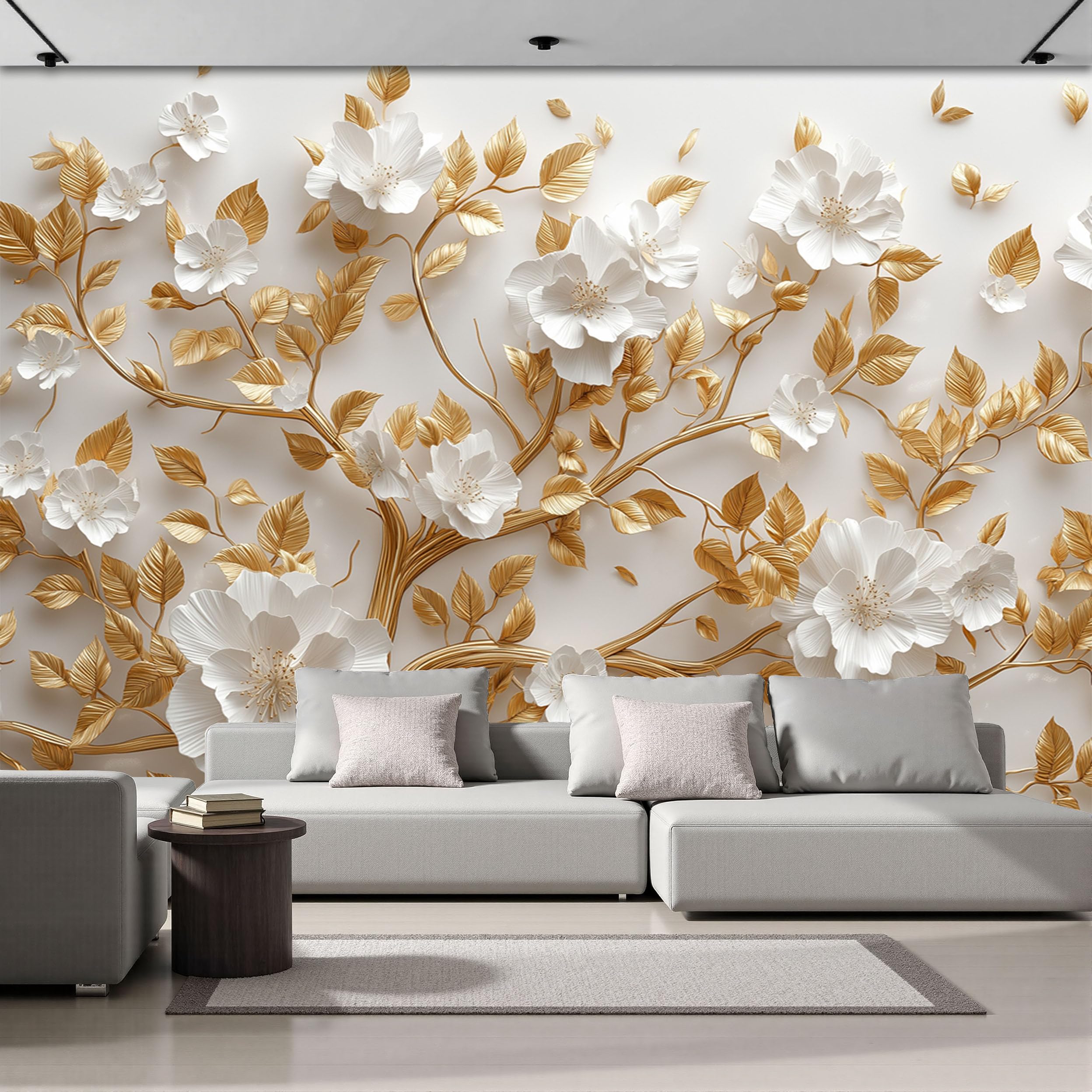 Papier peint arbre doré fleur blanche 250x175 cm pour déco murale de salon