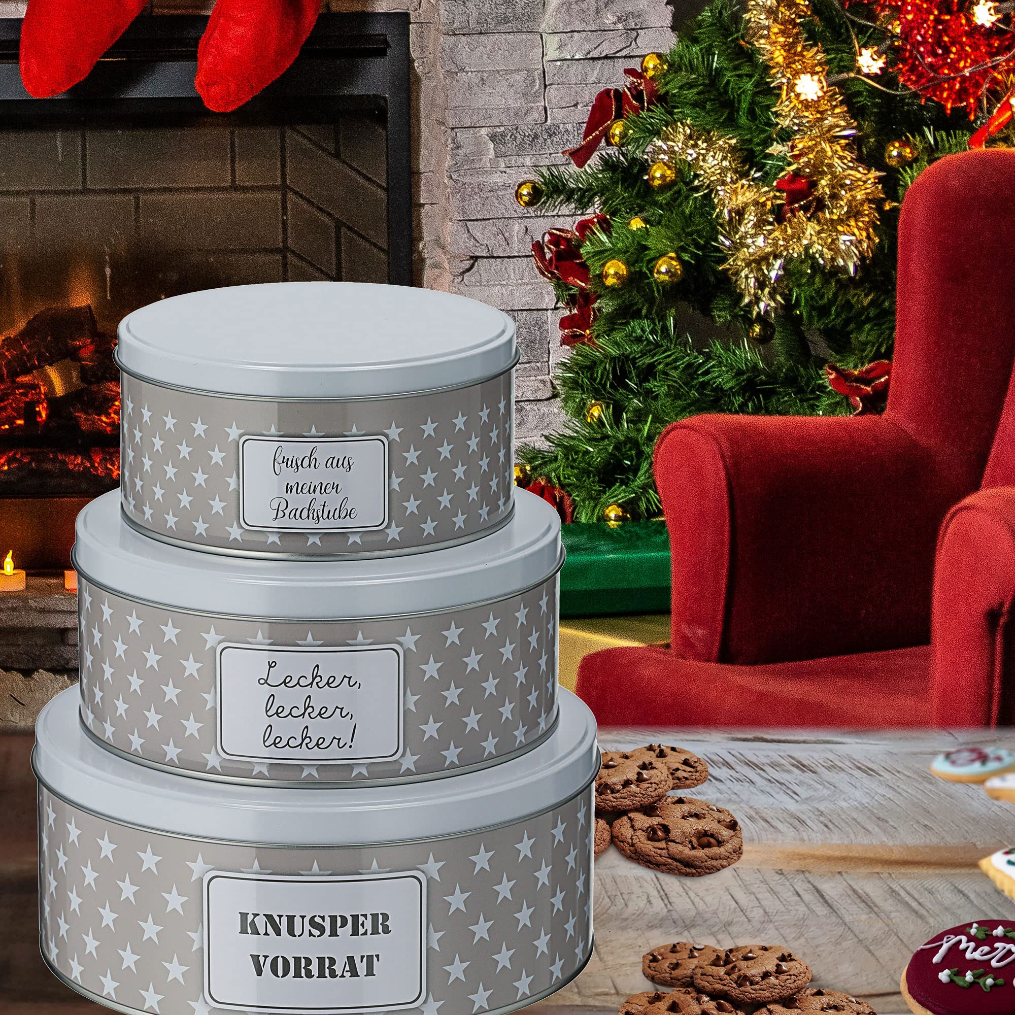 Cepewa Gebäckdose Sterne 3er Set Weihnachten | 3 Größen grau rund Metall