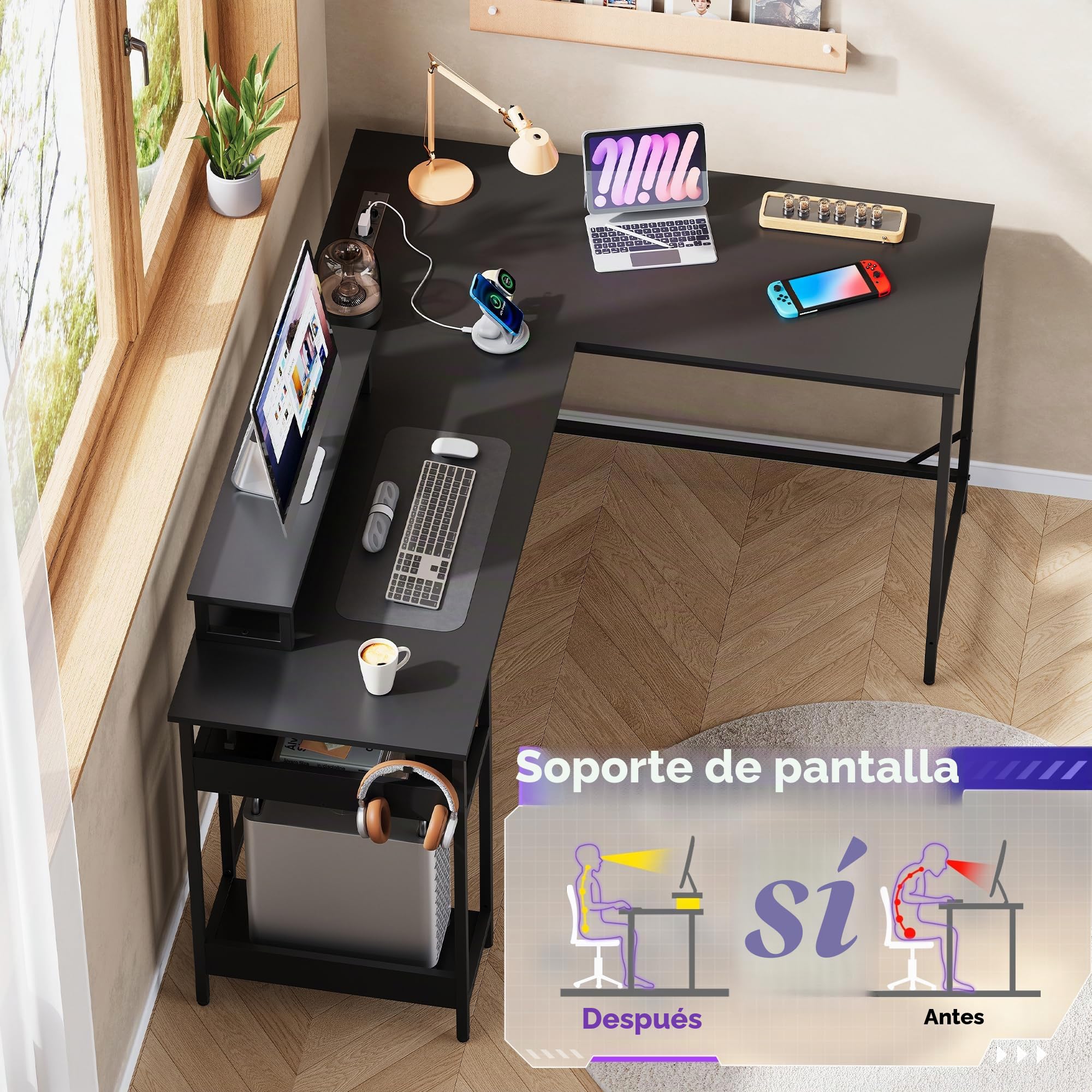 DEVAISE Escritorio en L de 150 x 120 cm con Tomas de Corriente, USB y Luces LED, con Estantes de Almacenamiento, Mesa de Ordenador para Oficina en Casa, Negro