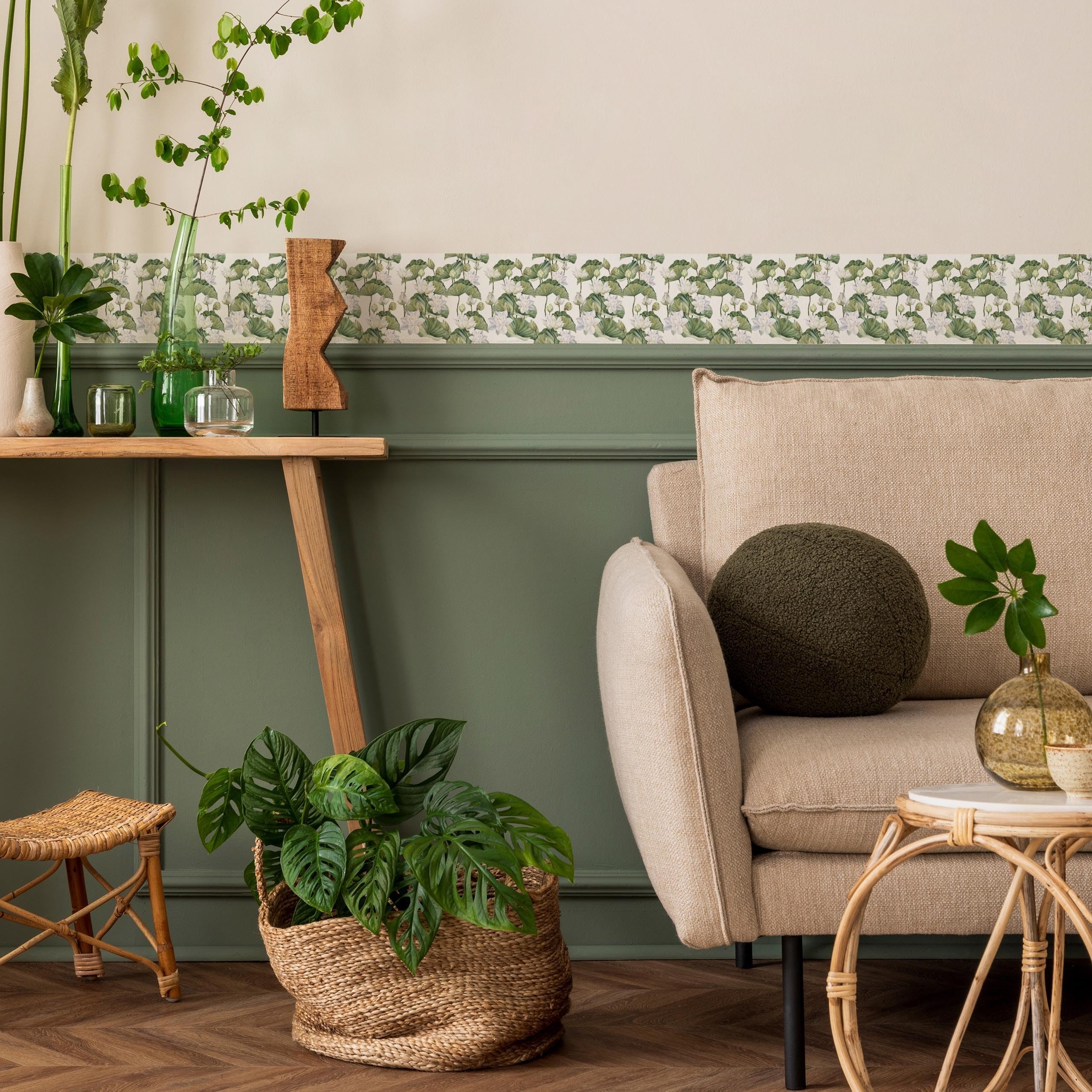 Muralo - Selbstklebende Bordüre - Tapetenbordüre Wandbördure - Dekorative Wandtatto für Wände, Möbel, Decken, Tapeten, Wandverkleidungen, Türen - Weiße Blumen und Lotusblätter - Br.10cm x Hö.300cm