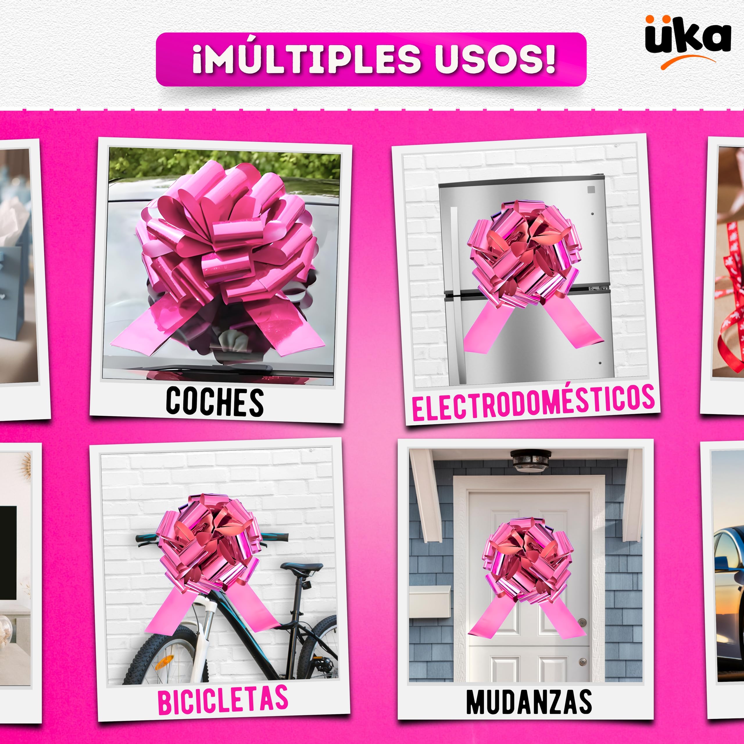 Üka • Lazo de Regalo Gigante. Diámetro de 40 cm. Lazo Grande para Regalo en Rosa Metalizado. Lazo de Regalo XXL para Coche, Bicicleta y Moto. Montaje Fácil y Reutilizable.