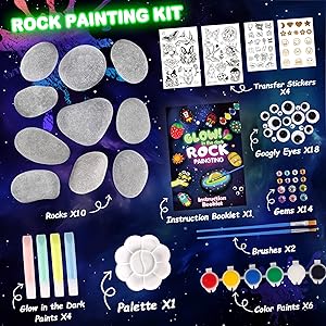 Rock Painting Kit for Kids Ages 6-12, Glow in The Dark Rock Paint, Arts and Crafts Birthday Party Gifts for Boys Girls 6 7 8 9 10 12 Year Old, Creative Craft Activity Kits, Art & Crafts Supplies Toys