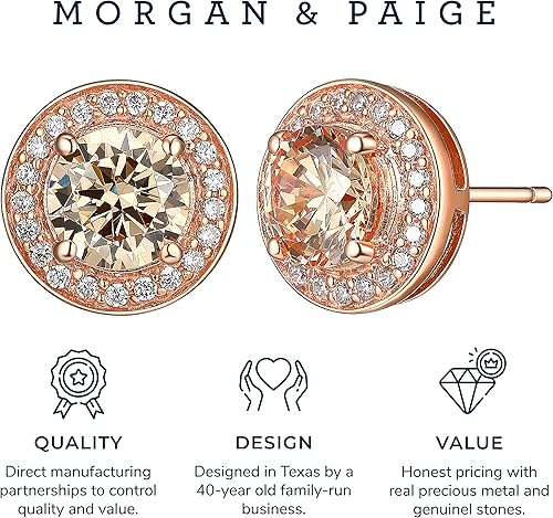 Vista 5 de MORGAN & PAIGE 14K Rose Gold Plated 925 Sterling Silver Champagne and White Cubic Zirconia Round Halo Stud or Halo Drop Earrings