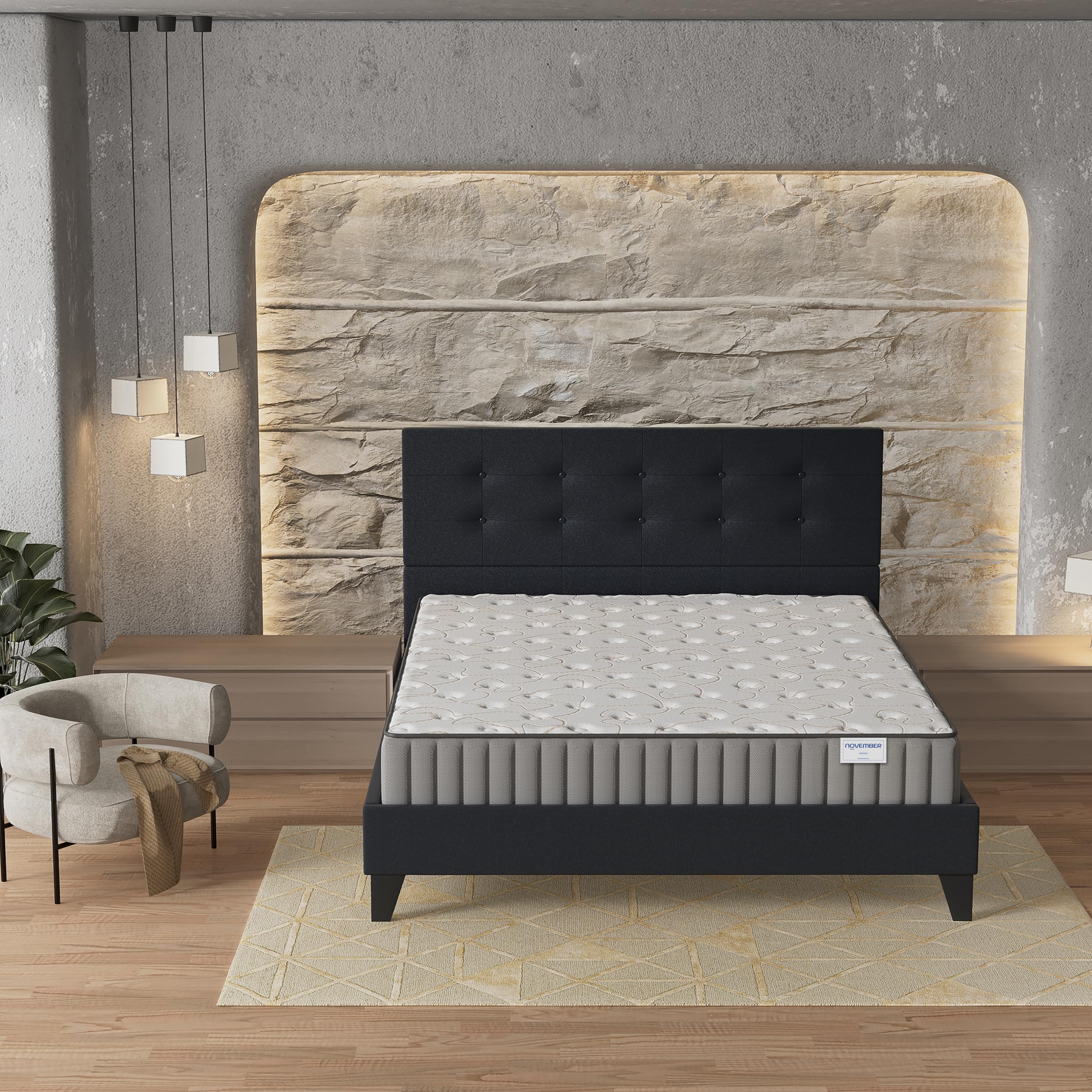 NOVEMBER- Ensemble Matelas + Sommier & tête de lit capitonnée (140 x 190cm)- Matelas Orionis Mousse Mémoire de Forme d’épaisseur 16cm + Lit Stable & Robuste, revêtement synthétique Noir
