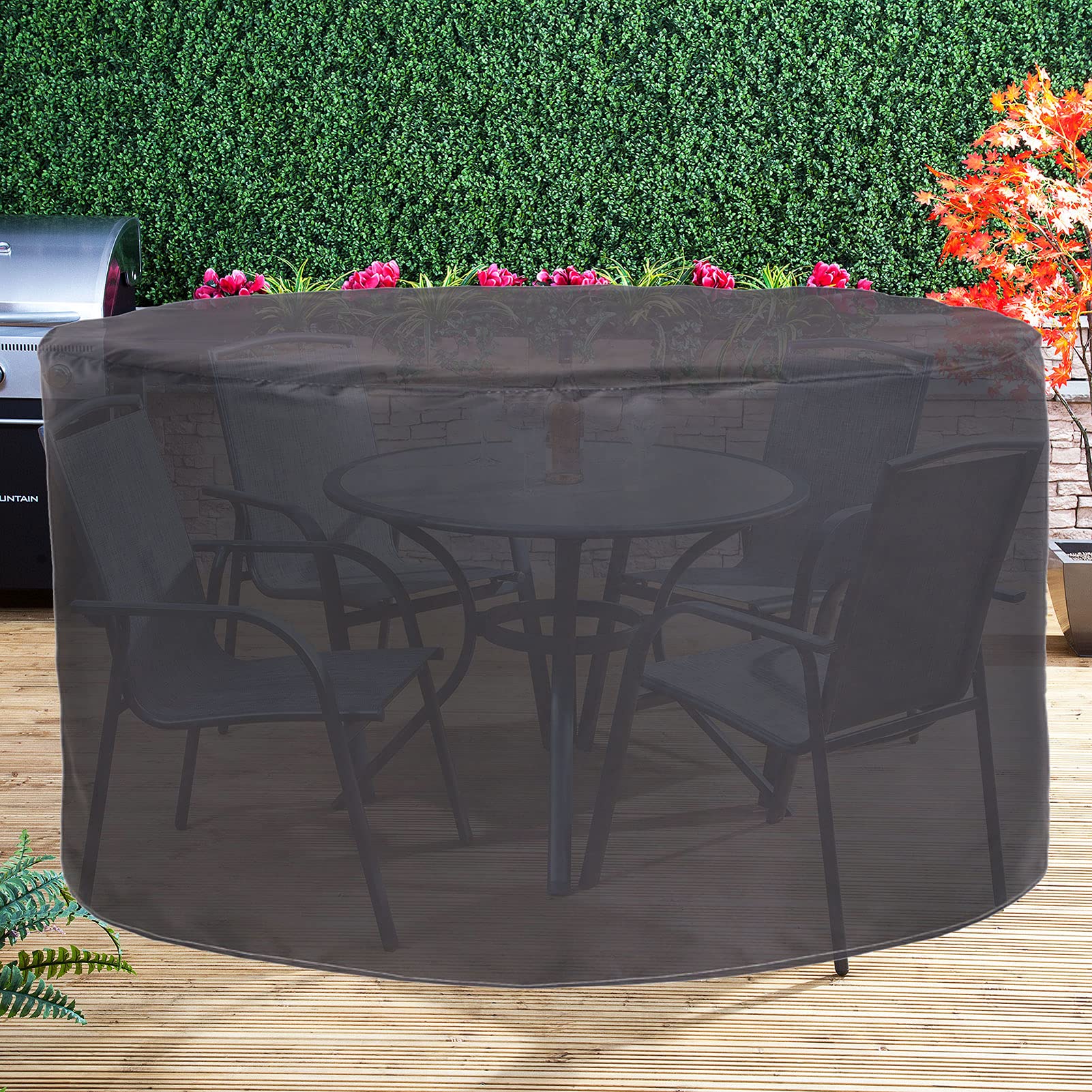 Copertura Tavolo Esterno Rotonda 190x90cm, Copertura per Mobili da Giardino Impermeabile, 420D Oxford Stoffa Copertura Protettive per Mobili da Giardino Impermeabile Anti Vento Sole