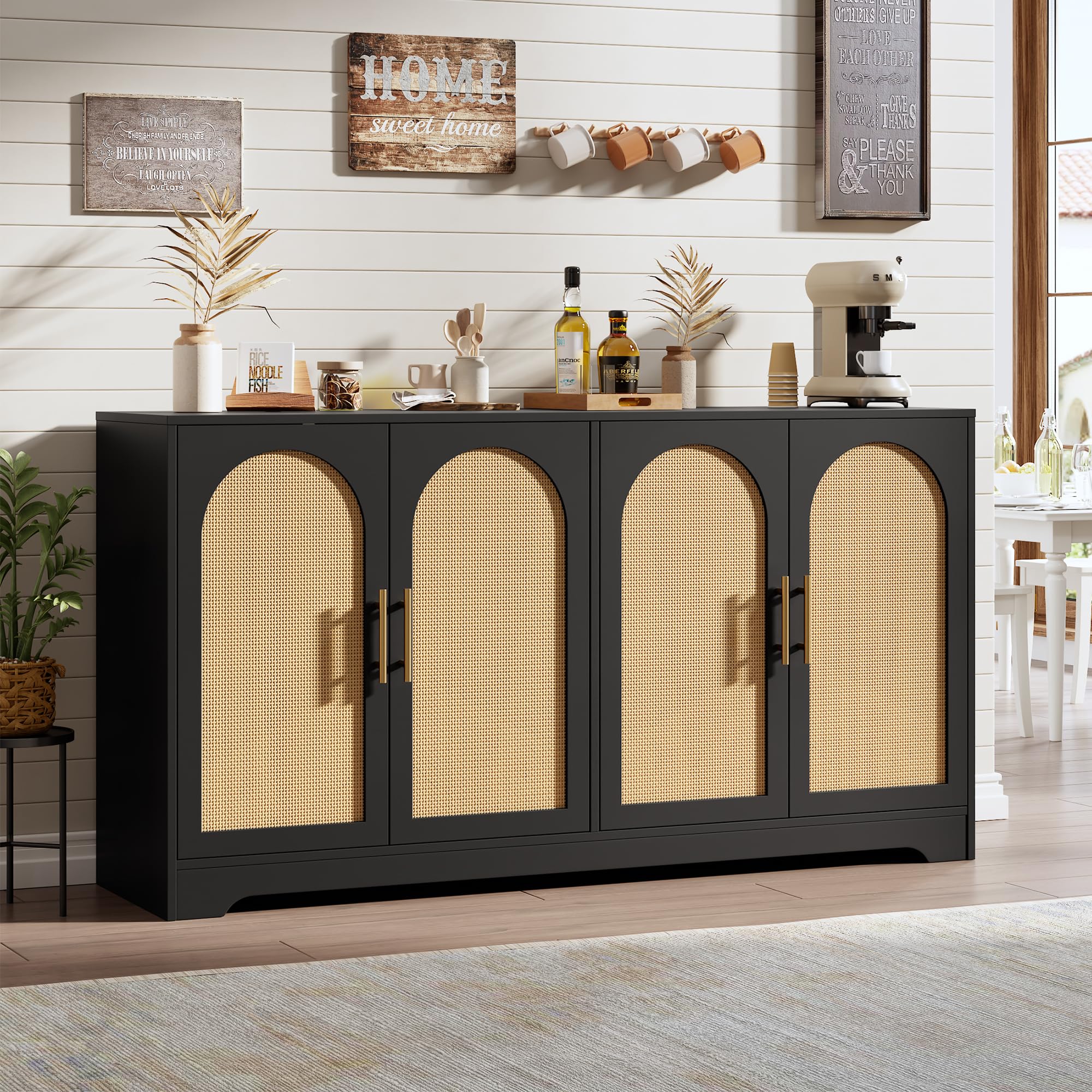 Photo 1 of ***MISSING HARDWARE***
Garvee 59" Rattan Sideboard Buffet Cabinet - Large Storage Cabinet with 4 Doors, Modern Console Table Accent Coffee Bar Cabinet for Living Room, Kitchen, Hallway, Dining Room, Black