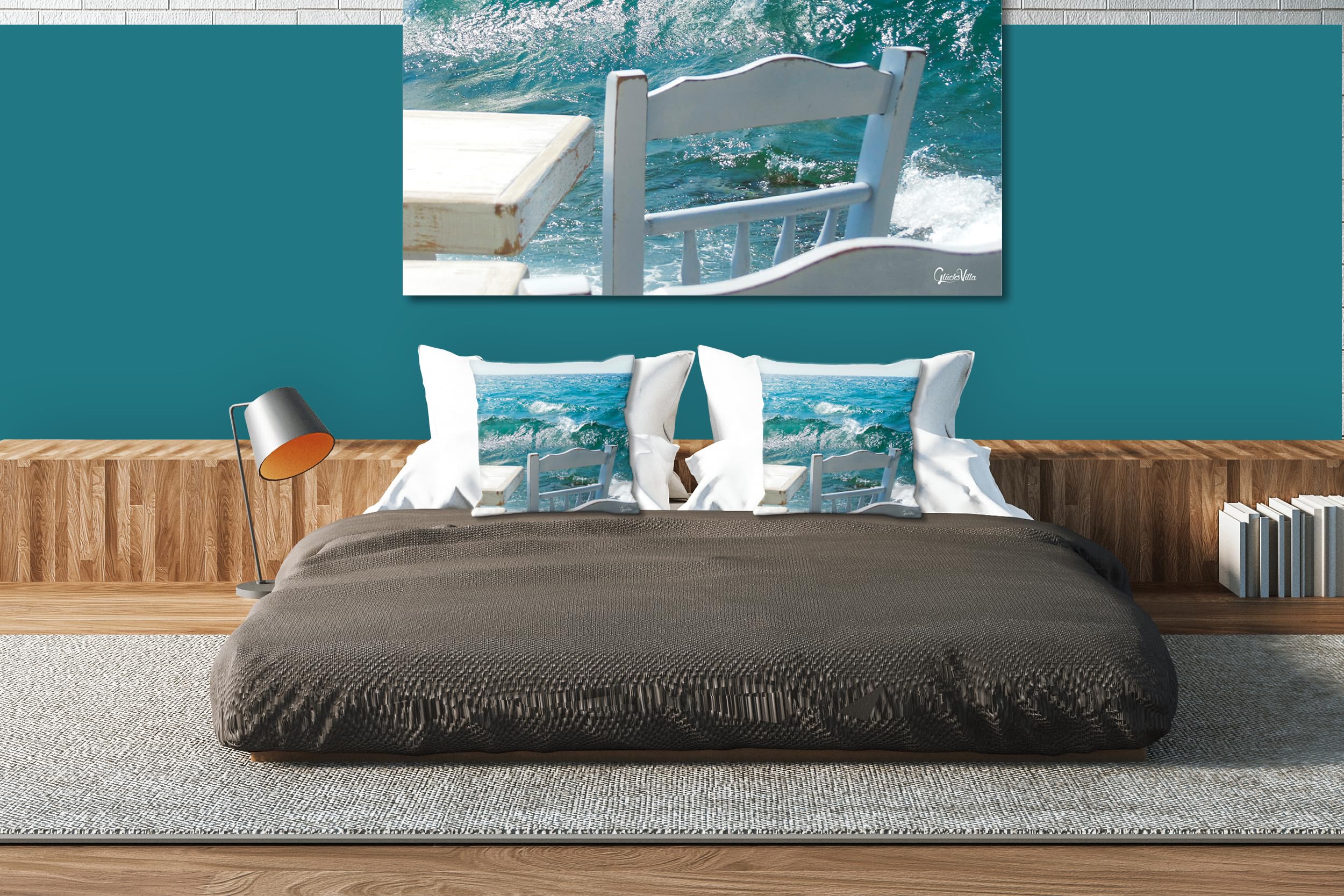 Mykonos - Foto-Kissen-Hülle Set (2 STK.) 40 x 40 cm | Kissen-Bezüge - passend zu Wandbild - Deko-Kissen - Hafen Taverne Ägäis Kykladen