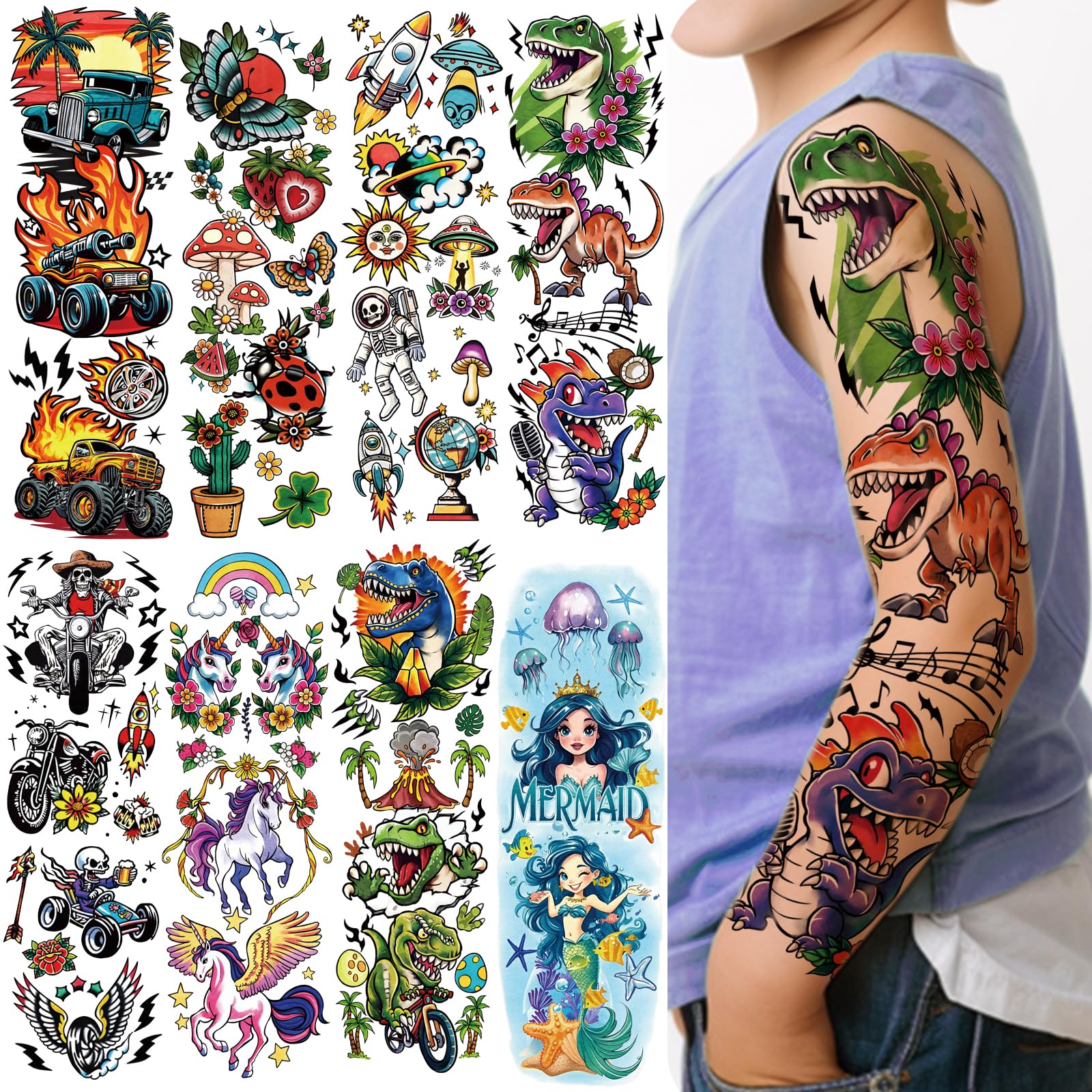 52 Pcs Temporary Tattoo for Kids Full Arm Mermaid Butterfly Cat Truck Dinosaur Rocket Planet Cute Animal Body Face Fake Arm Tattoos for Girls Boys Tiny Tattoo Stickers Birthday Gifts Party Supplies 52 Sheets Kids Full Arm