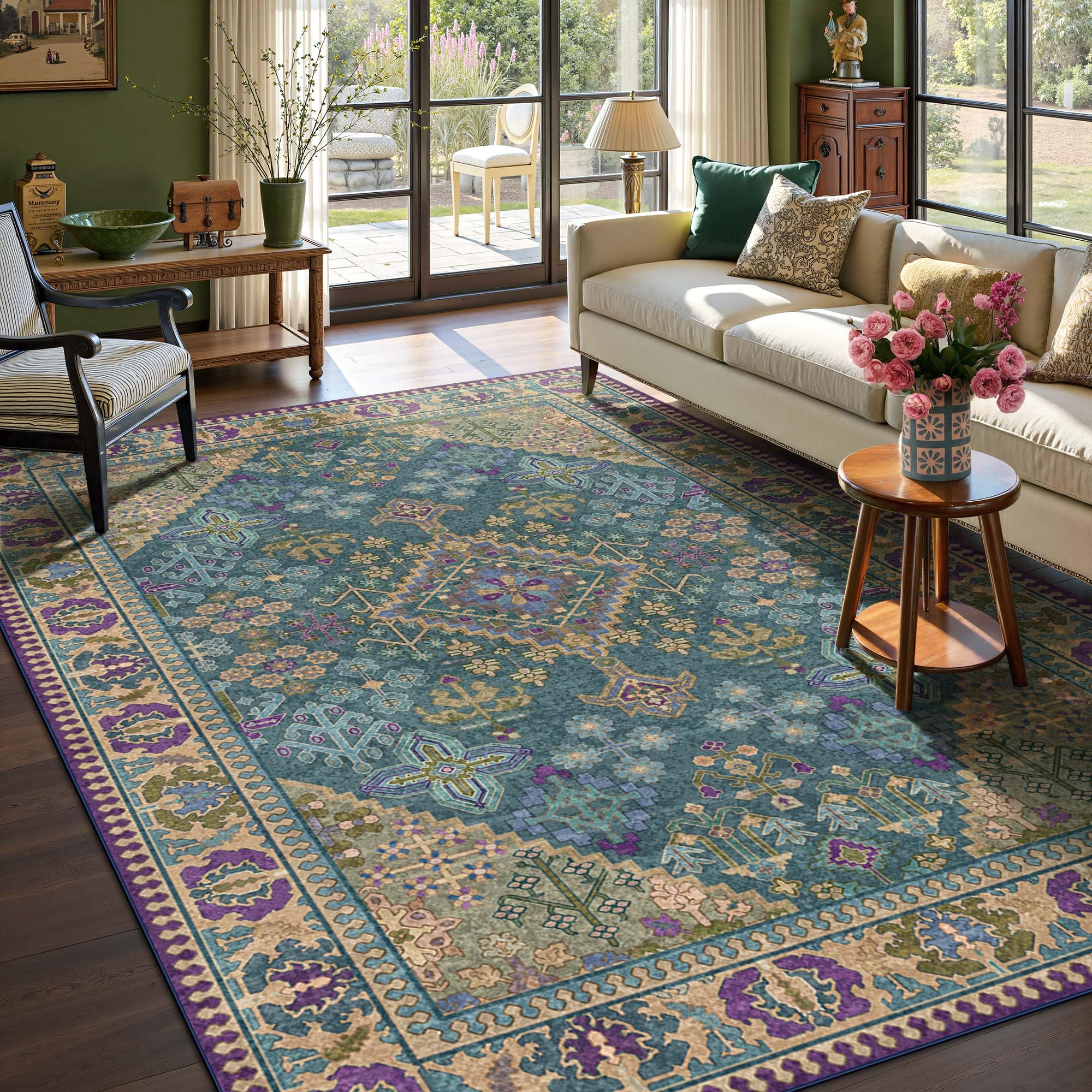 8x10 Boho Machine Washable Low Pile Area Rugs for Living Room Teal Purple