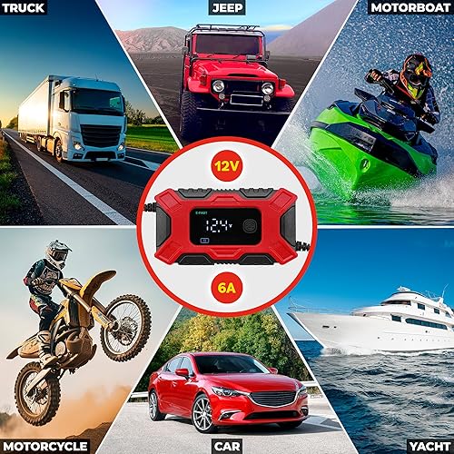 Miniatura 3 de Cargador de batería de coche (12 V/6 A), cargador de goteo automotriz para baterías de plomo ácido, pantalla LCD inteligente con 4 modos de carga,